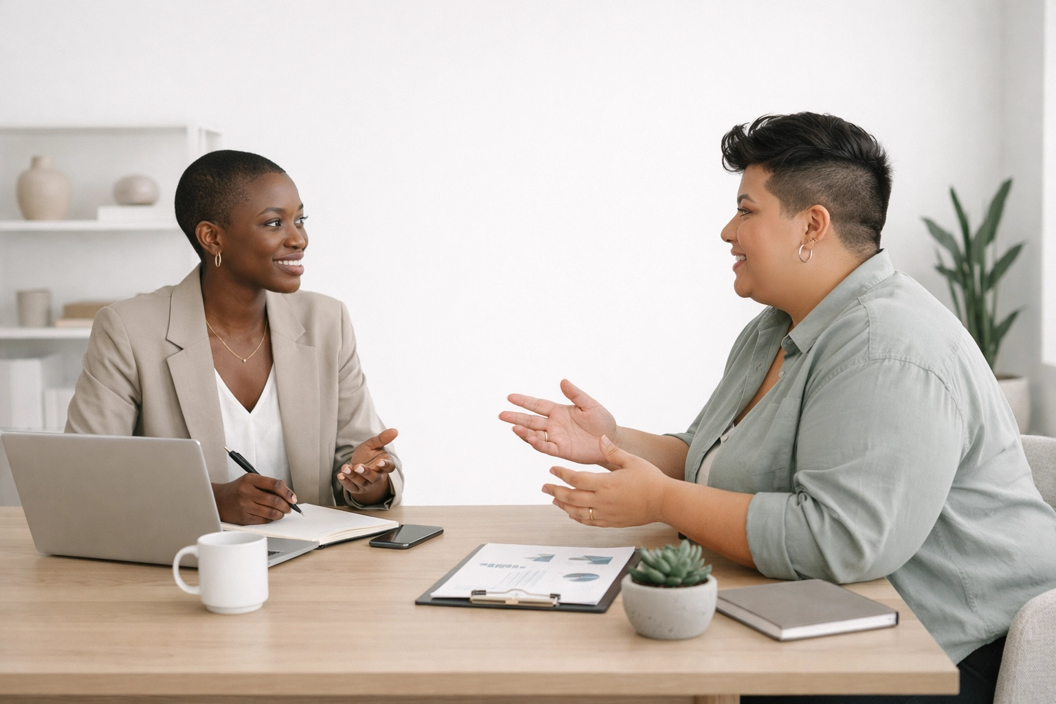 Professional sales conversation between two entrepreneurs in a minimalist modern workspace.