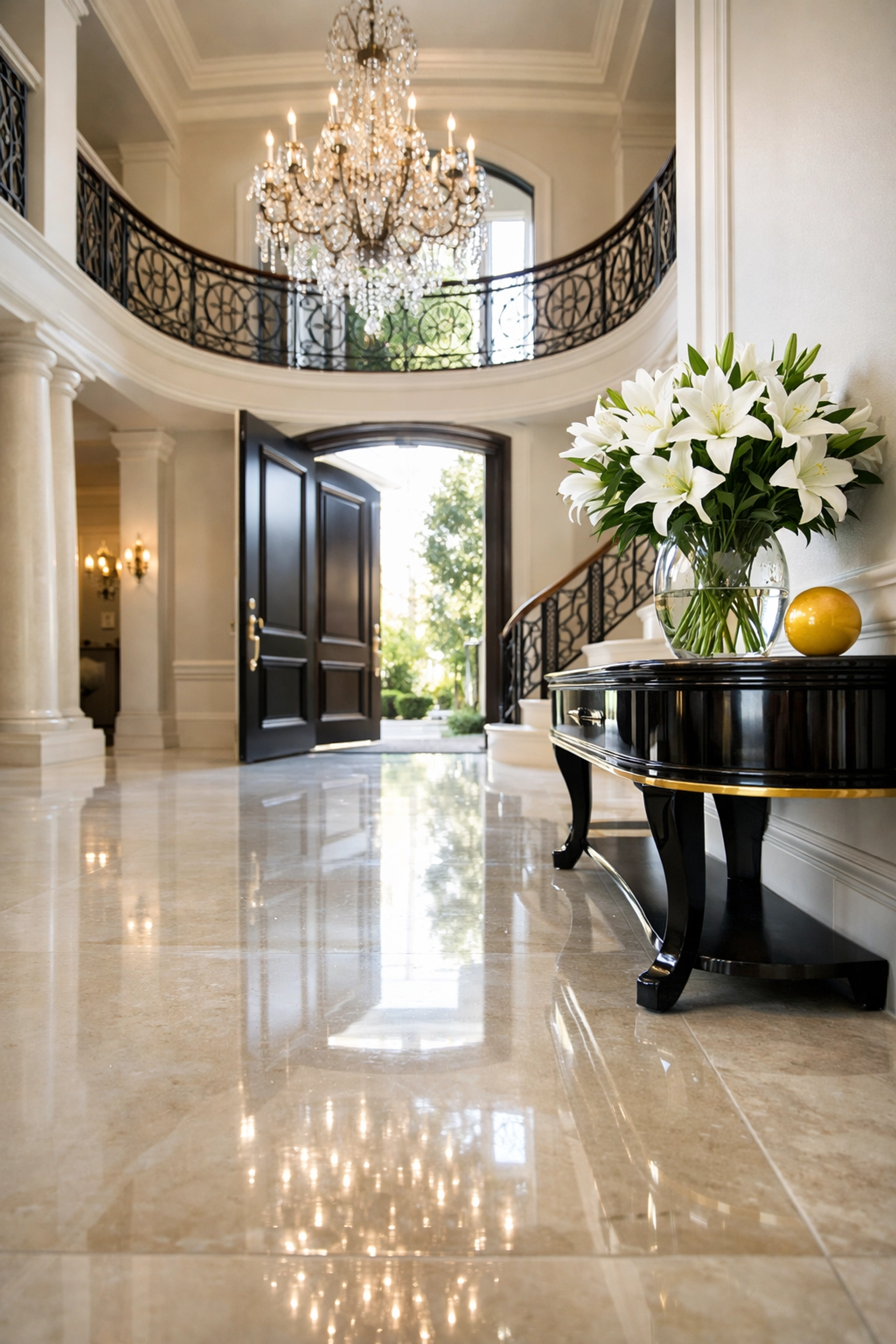 A grand luxury foyer with polished limestone floors reflecting the high standards of residential cleaning in Massachusetts.