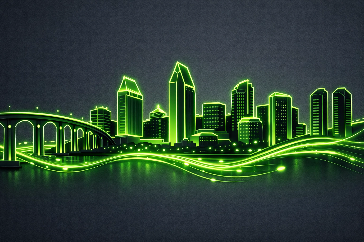 San Diego skyline and Coronado Bridge with glowing neon accents for local legal directory.