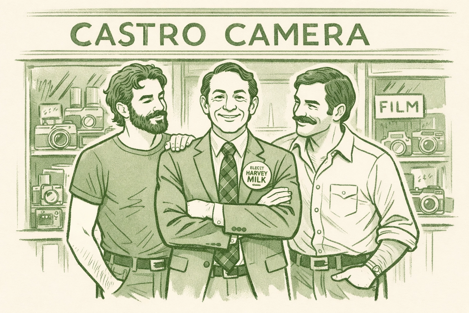 Harvey Milk stands with community supporters outside Castro Camera shop in 1970s San Francisco