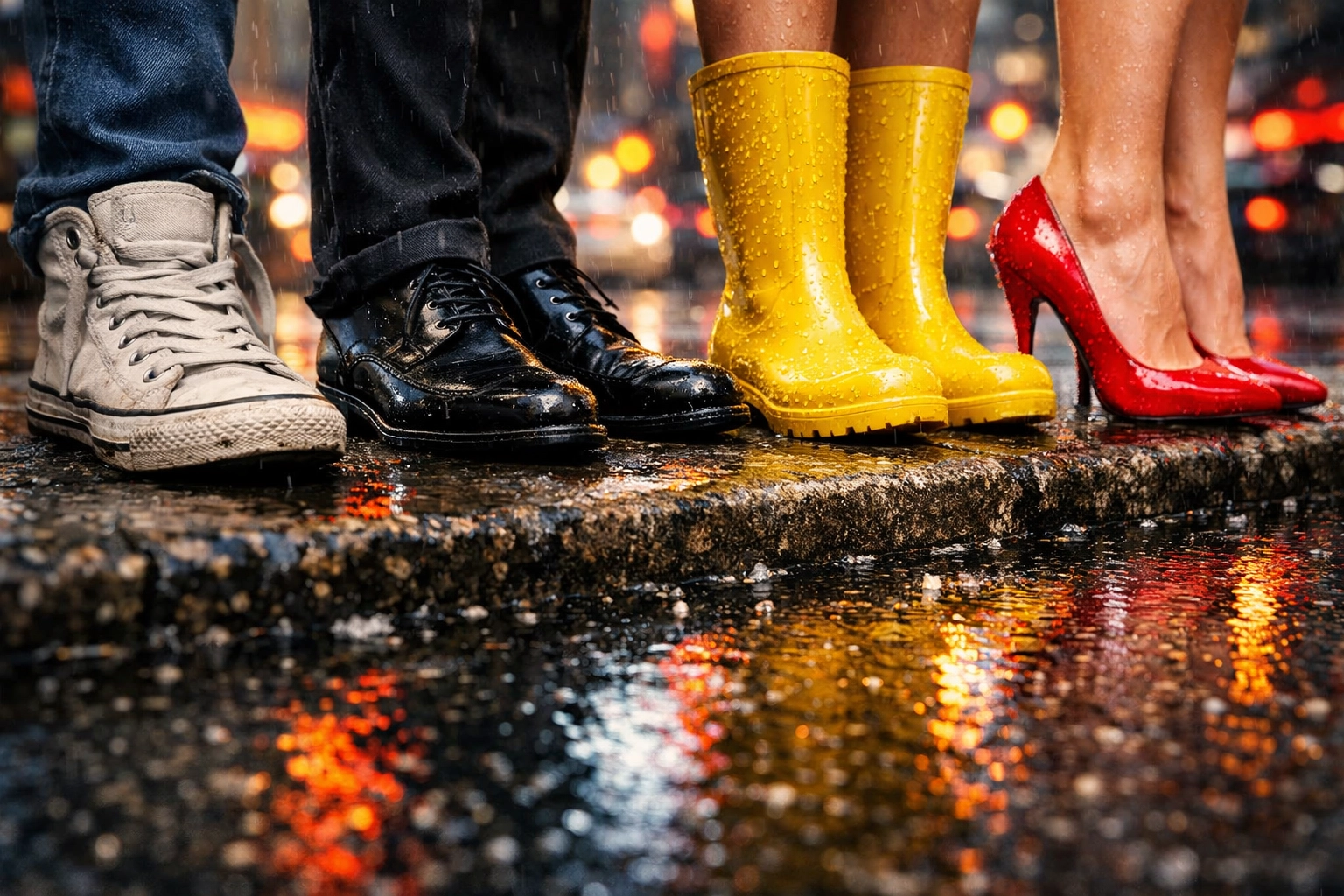 Creative street photography focusing on feet and reflections at a rainy city crosswalk from a low angle.