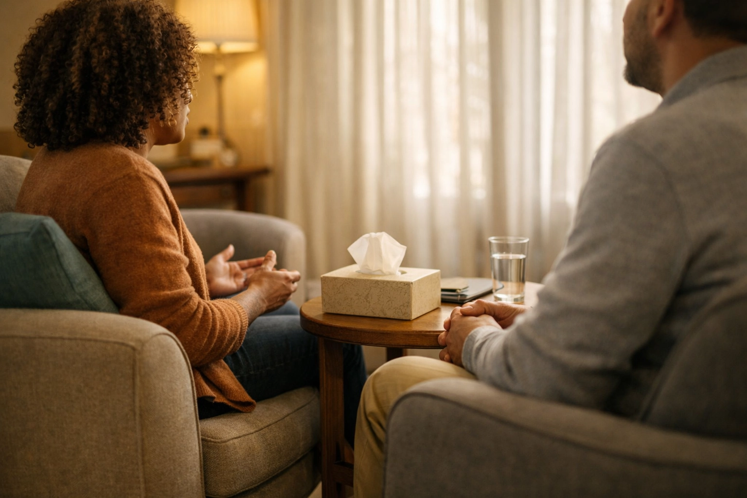 Collaborative therapy session in a warm, affirming counseling room at Byrnes Counseling Group