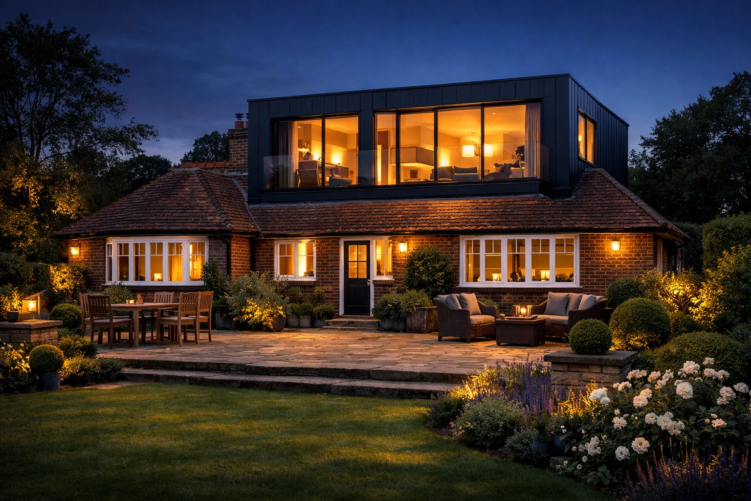 Modern second-floor extension on a West Sussex bungalow, preserving the garden space and outdoor lifestyle.