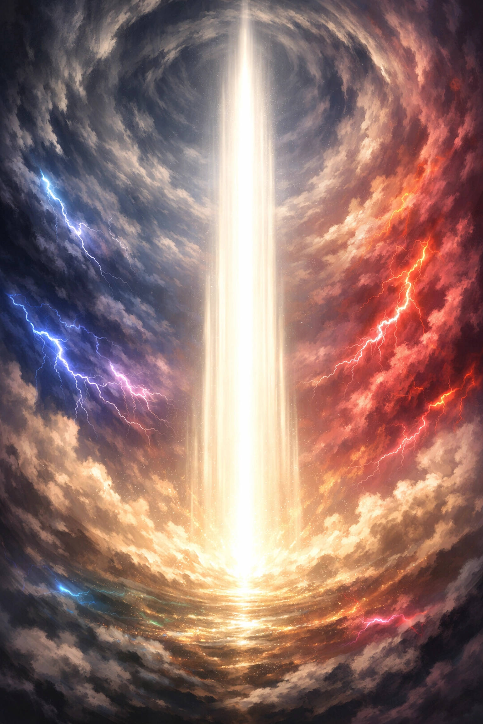 A pillar of light in a storm symbolizing how high performing leaders maintain flow states and regulation.