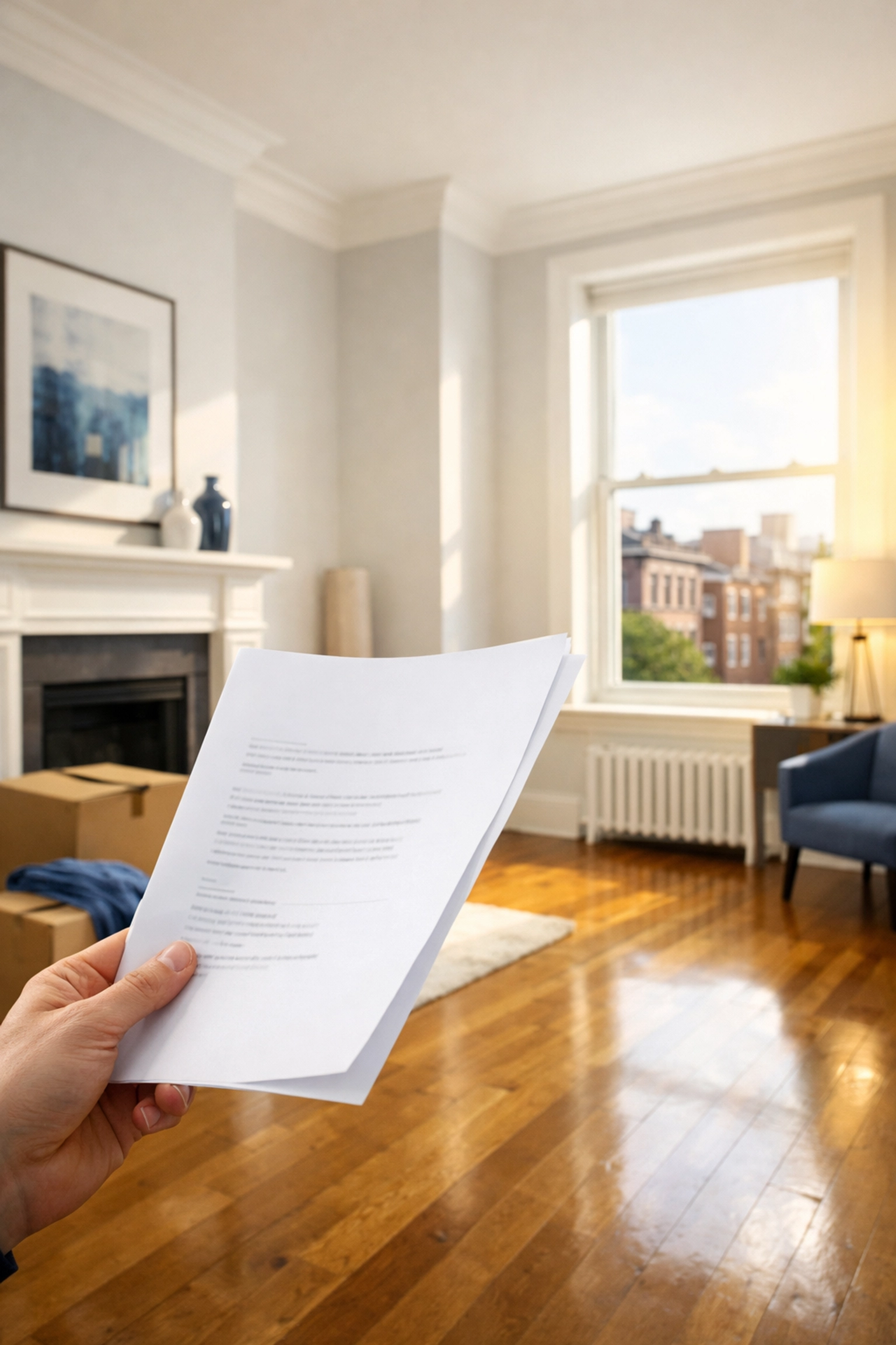 Tenant reviewing lease agreement in empty apartment for move-out cleaning in Boston.