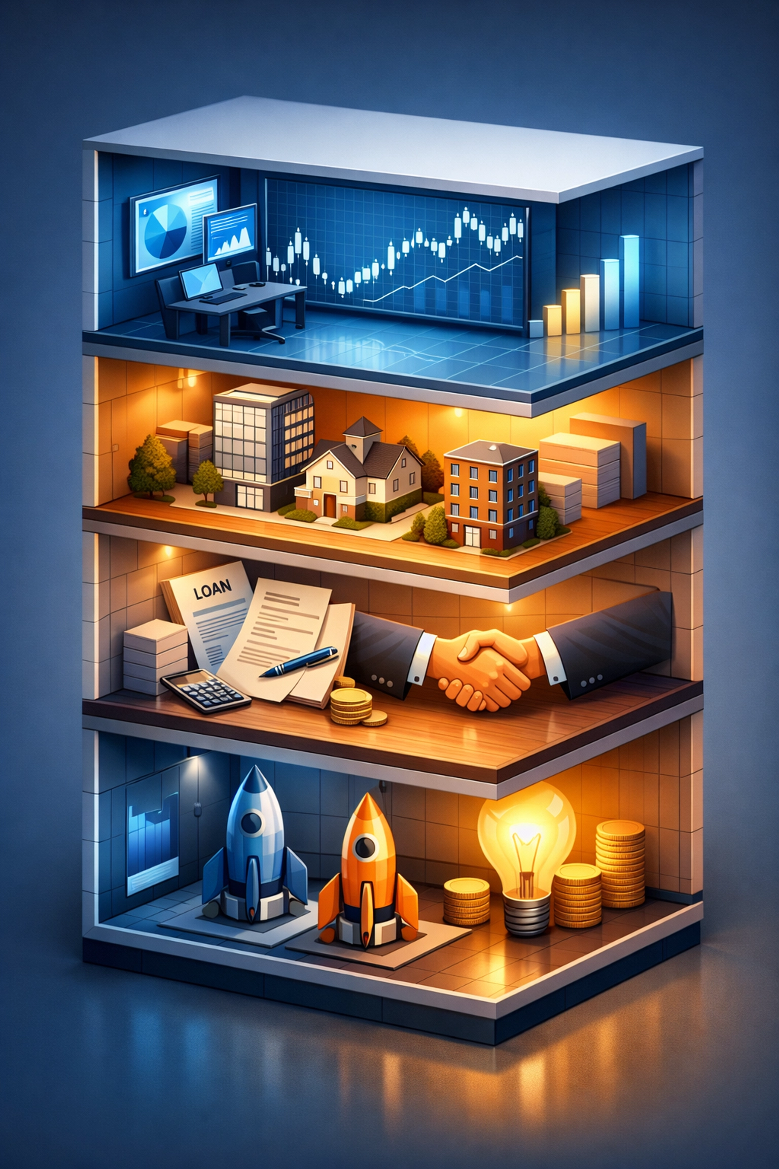 Diversified alternative investment portfolio showing real estate, private credit, and venture capital