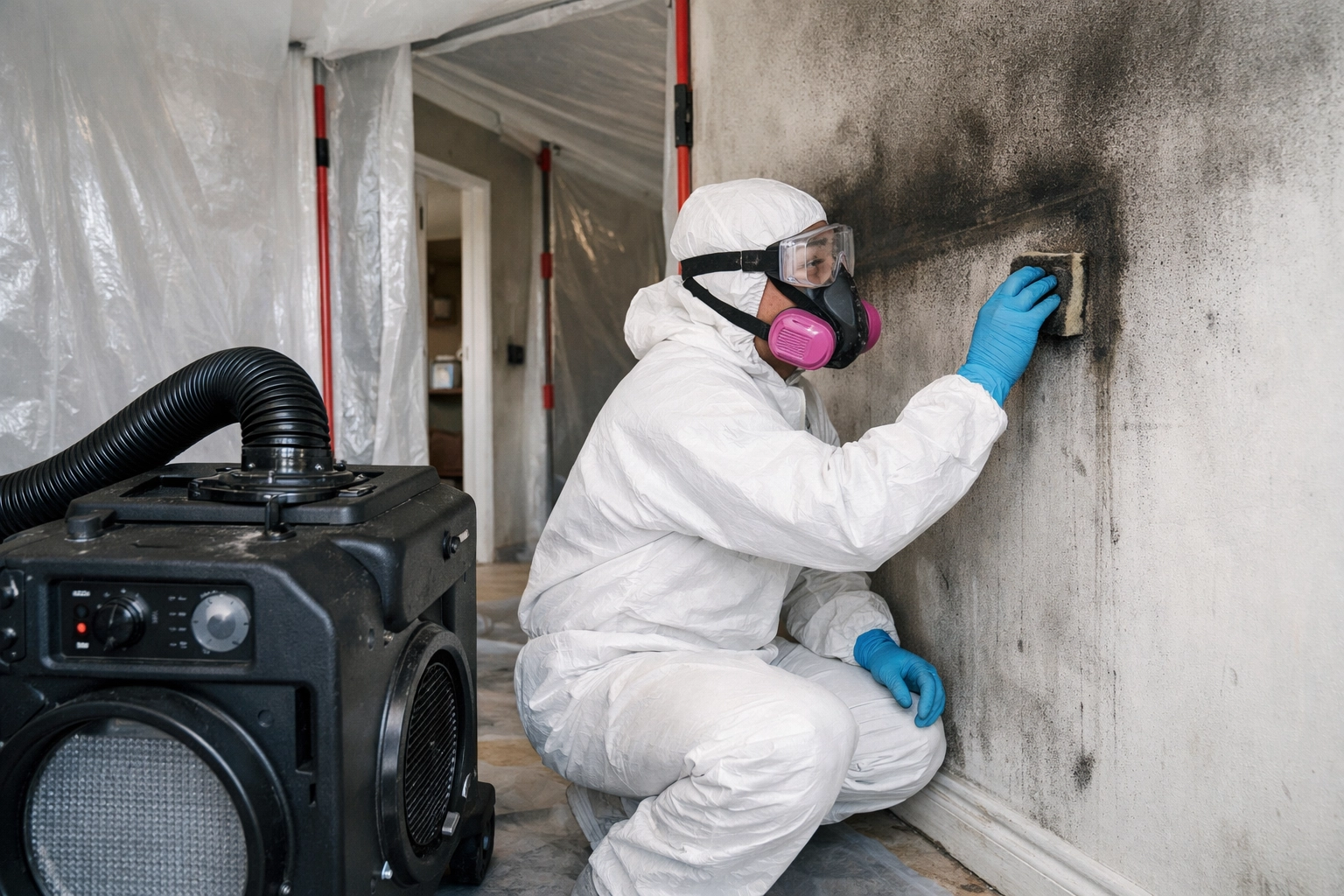Professional soot restoration team cleaning smoke-damaged room with equipment