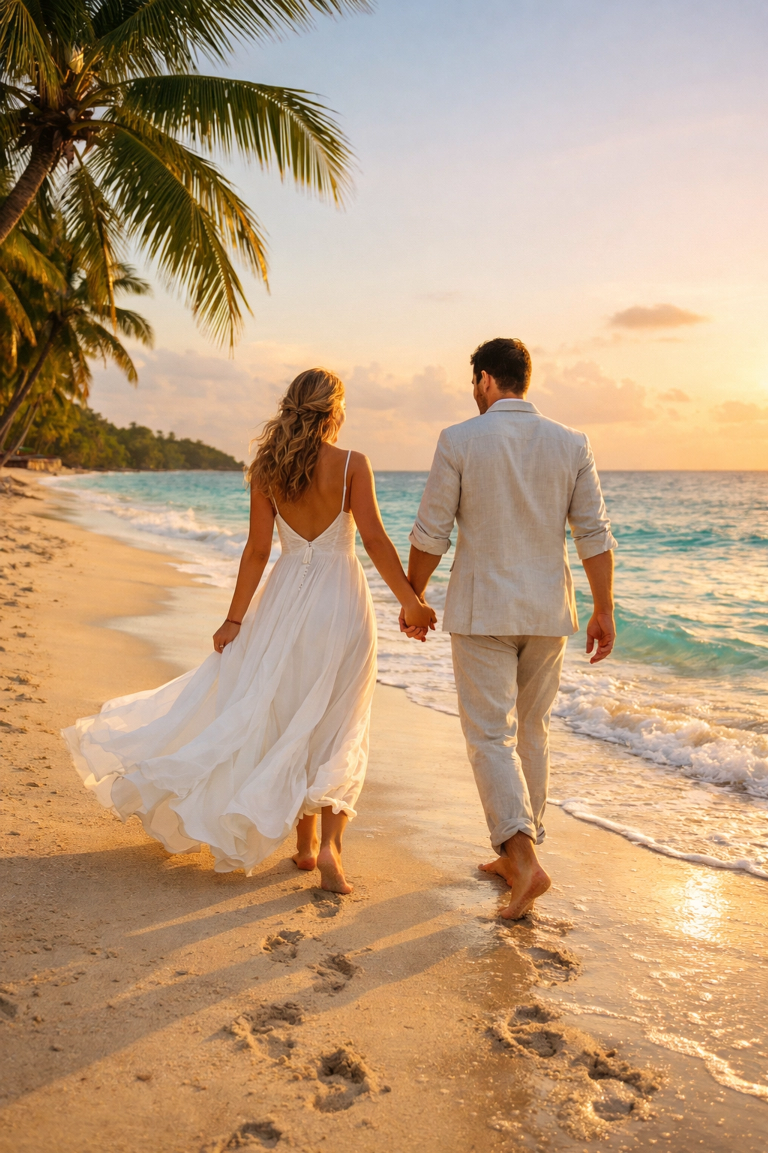 Bride and groom walking barefoot on Caribbean beach after destination wedding ceremony