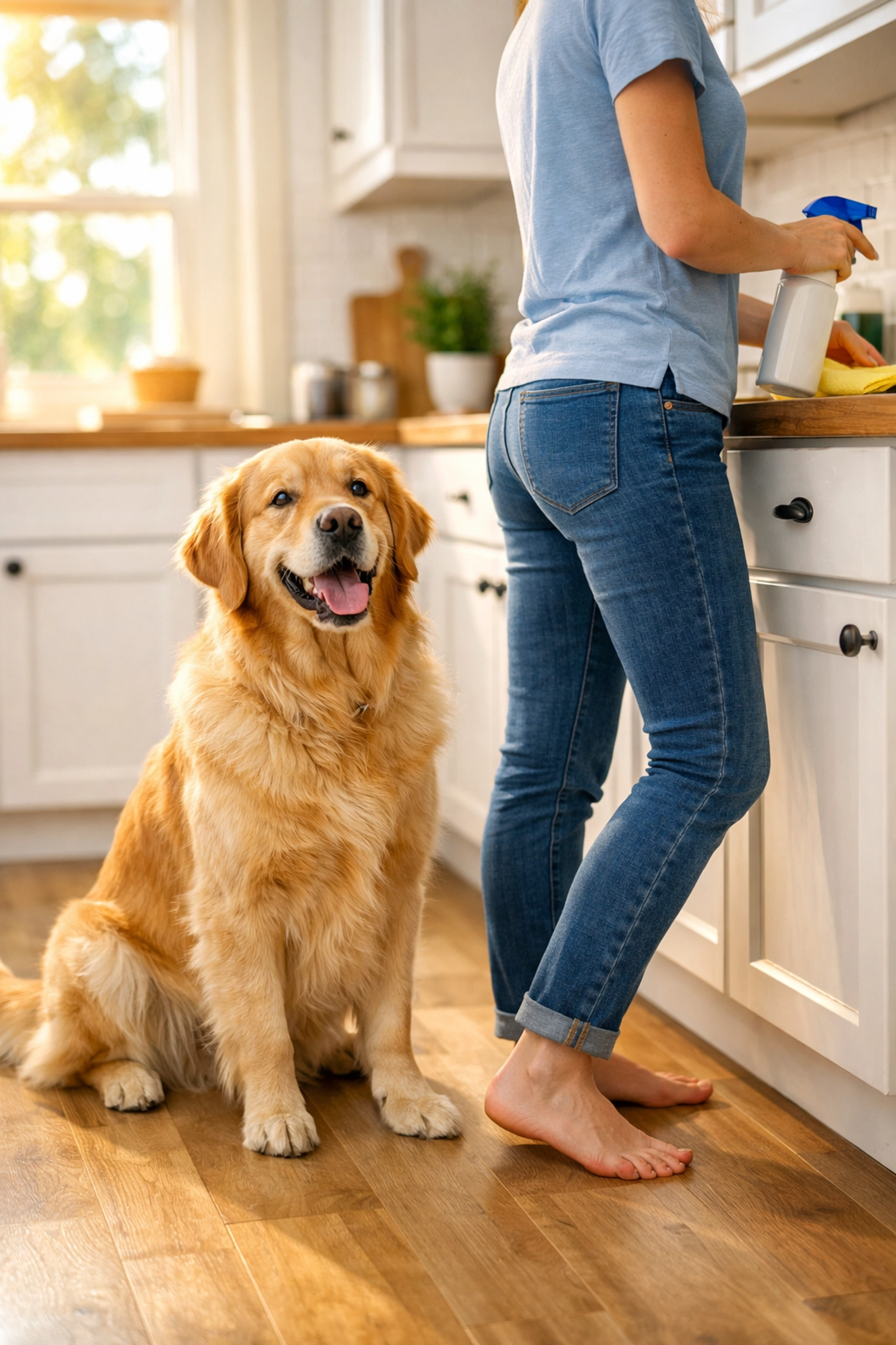 Golden retriever sitting safely on kitchen floor as owner uses pet safe multi-surface cleaner spray