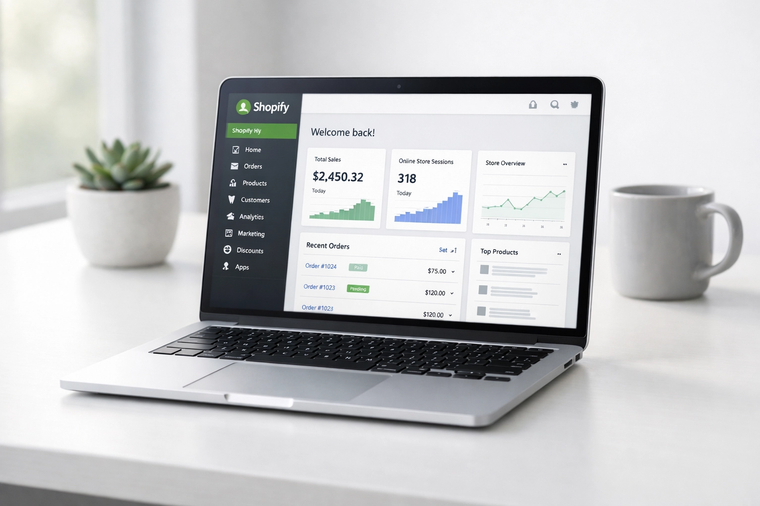 Shopify admin dashboard on laptop showing user-friendly e-commerce SEO interface