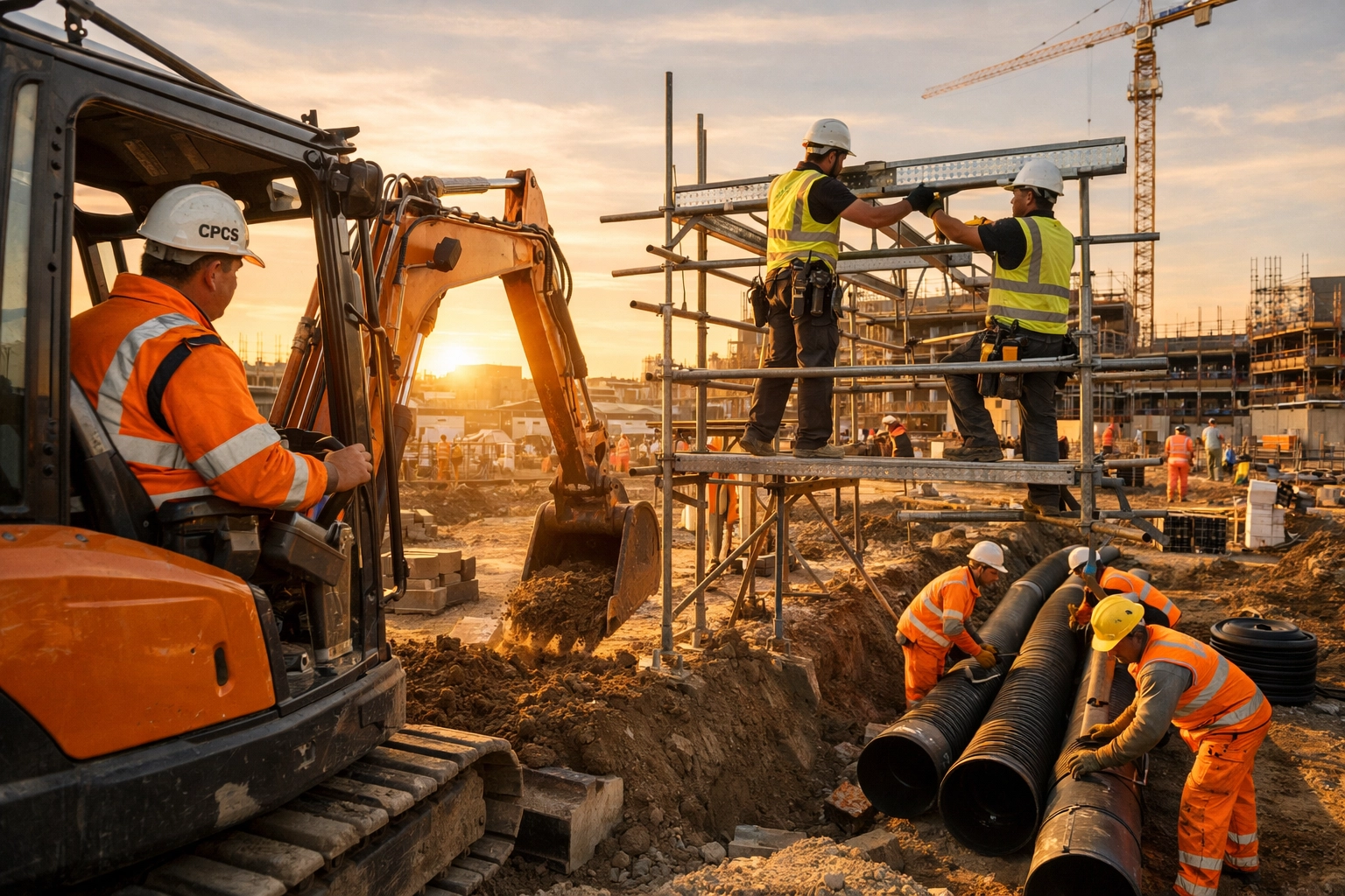 Skilled construction workers at UK site including excavator operator and electricians