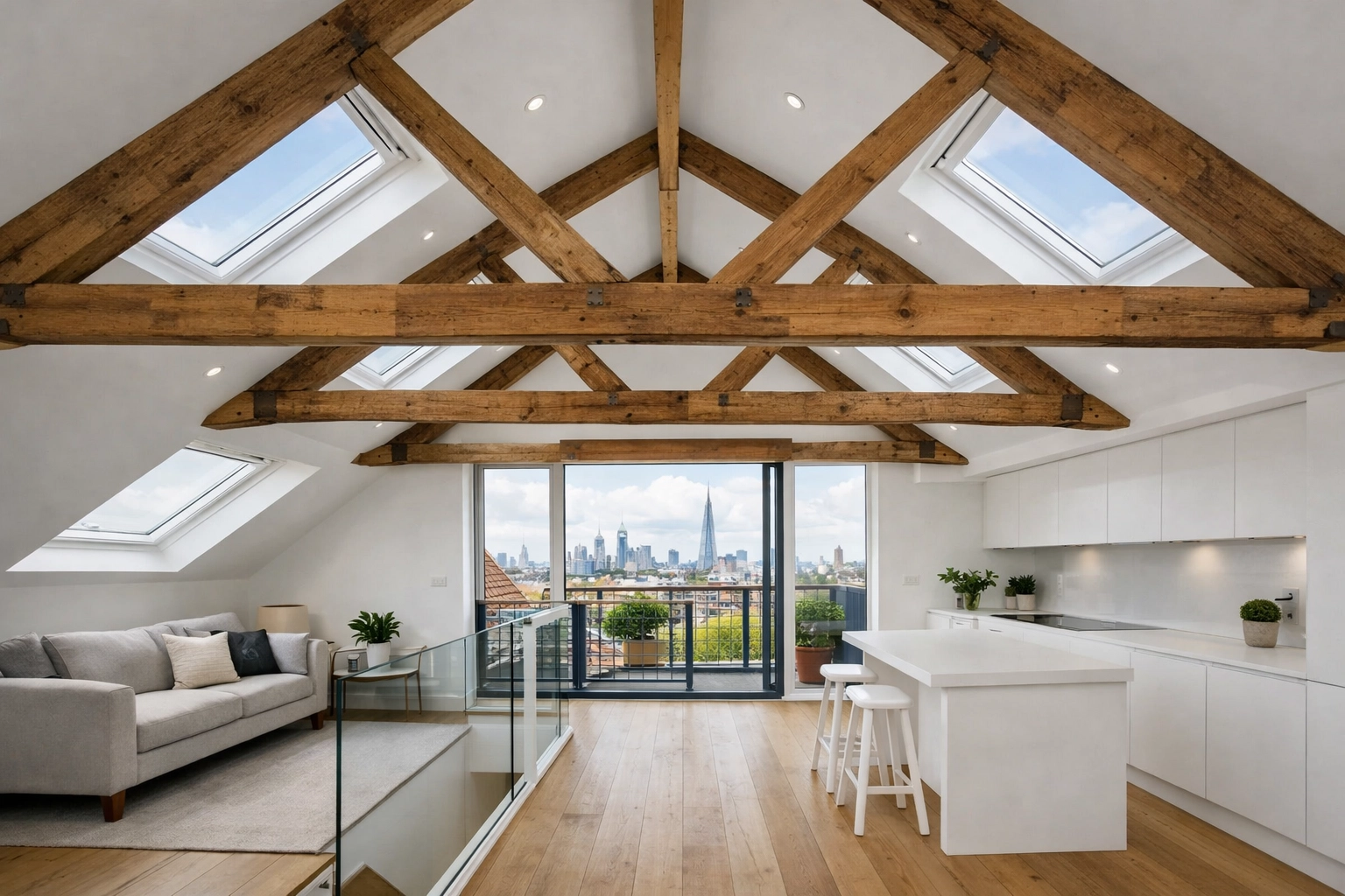 Completed loft conversion interior in London home with Velux windows and natural light