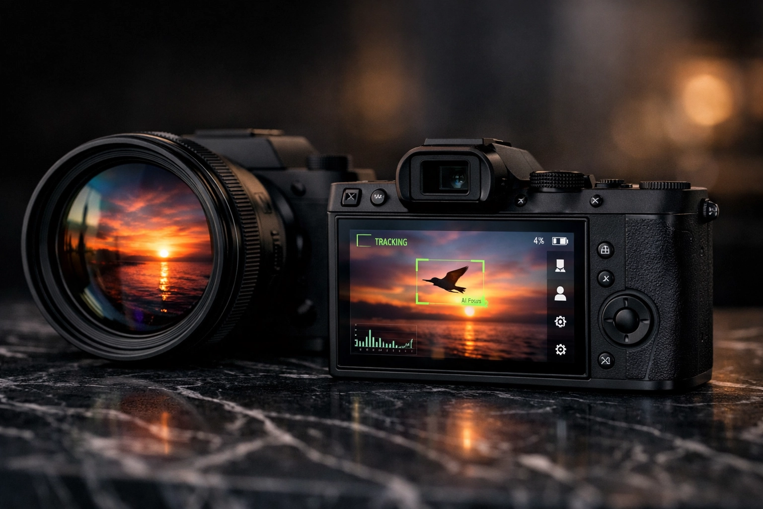 Futuristic AI mirrorless camera on a marble surface featuring advanced subject-tracking technology.