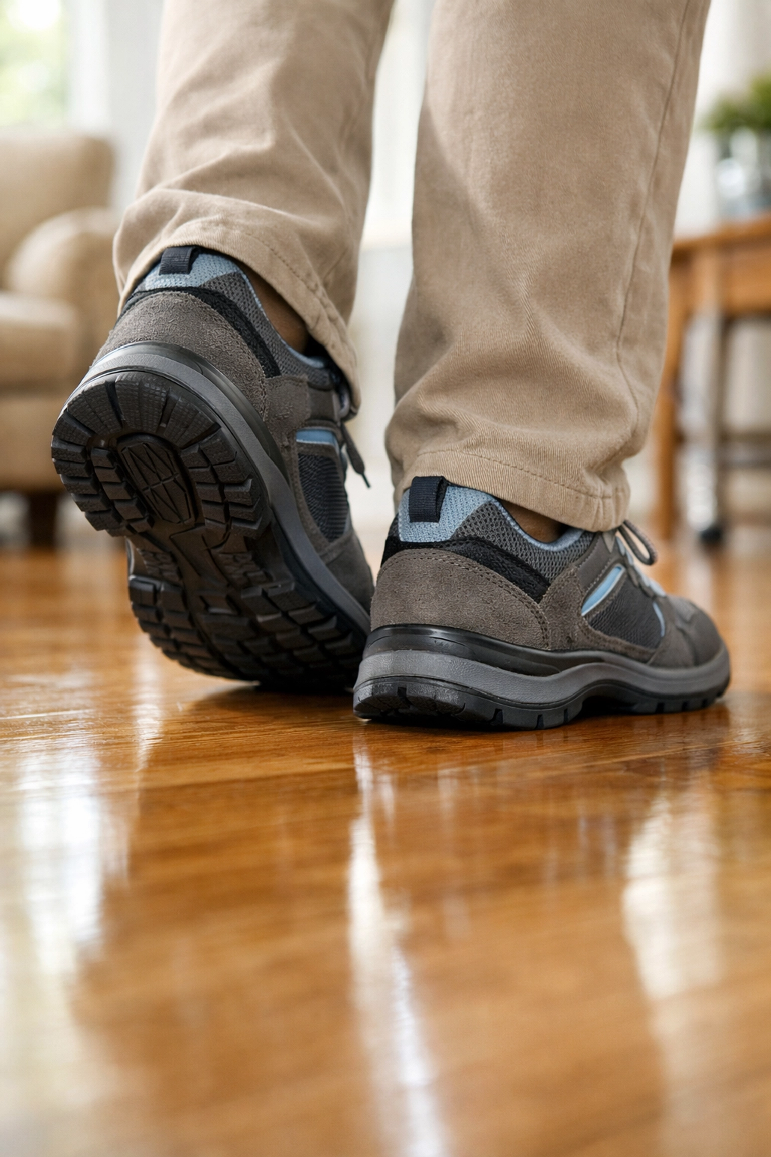 Close-up of sturdy walking shoes with non-slip soles on a hardwood floor for fall prevention.
