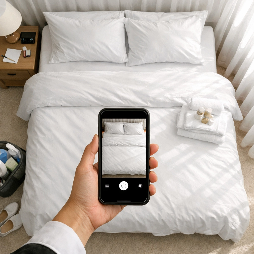Housekeeper documenting cleaned hotel room with mobile housekeeping software