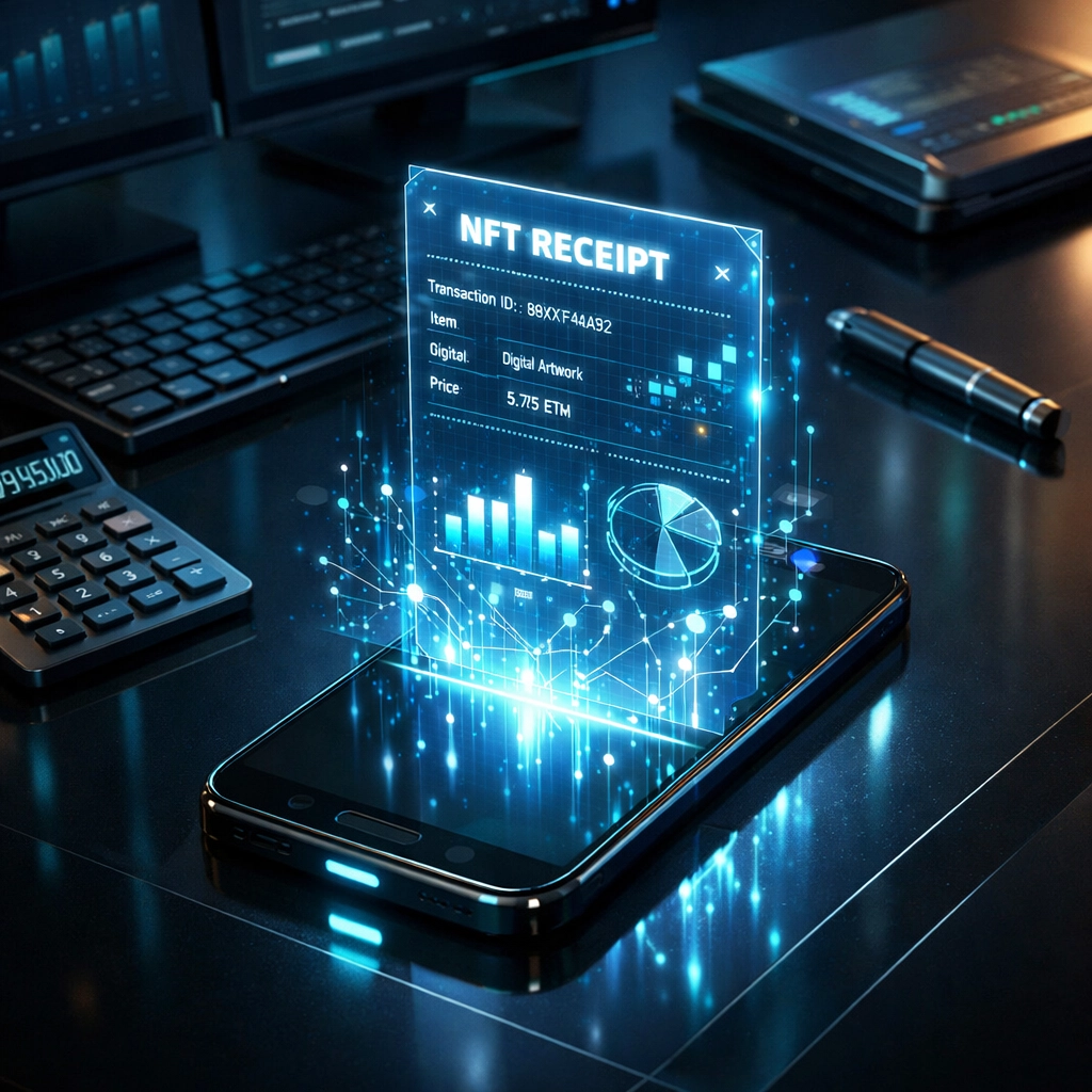 Larecoin NFT receipt holographic display for secure Web3 business accounting and transparent records.