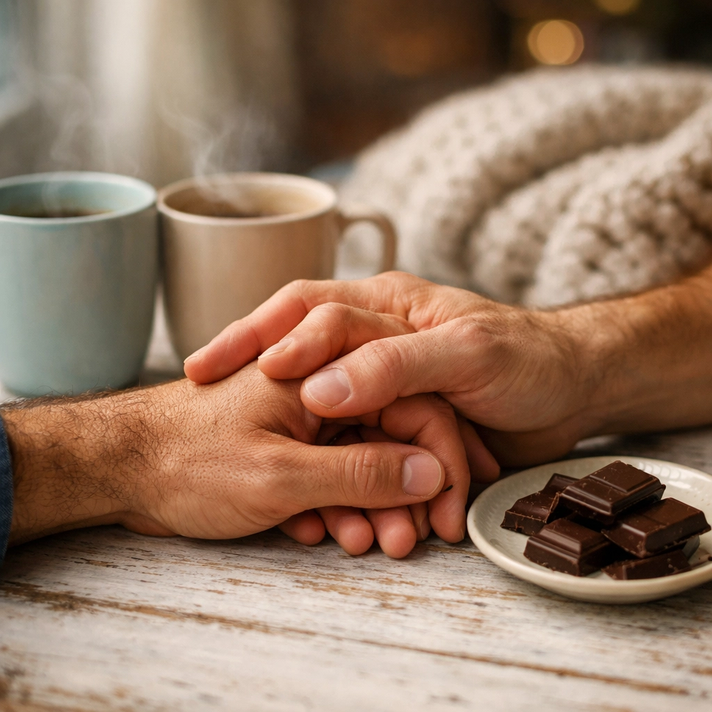 Intertwined hands of a gay couple near coffee mugs, capturing the slow burn vibe of quiet intimacy MM romance novels.