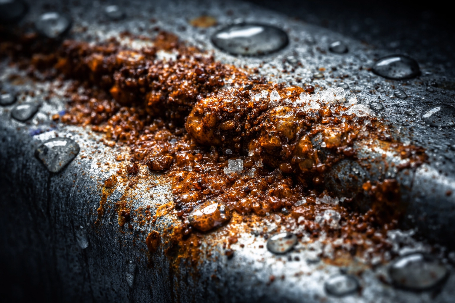Close-up of car metal with rust forming from road salt and moisture exposure