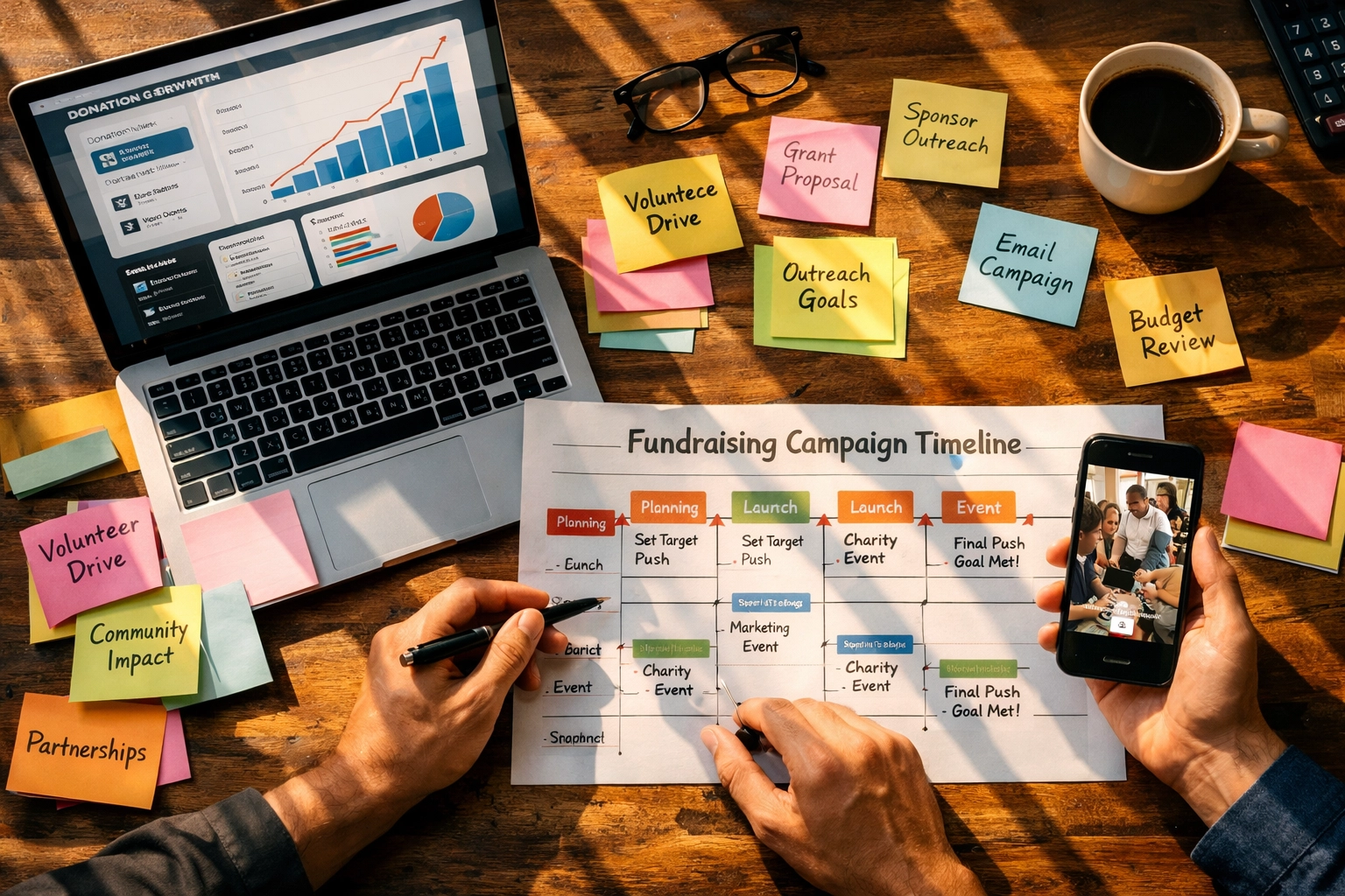 Nonprofit video strategy planning session with analytics dashboard showing fundraising campaign timeline and donation data