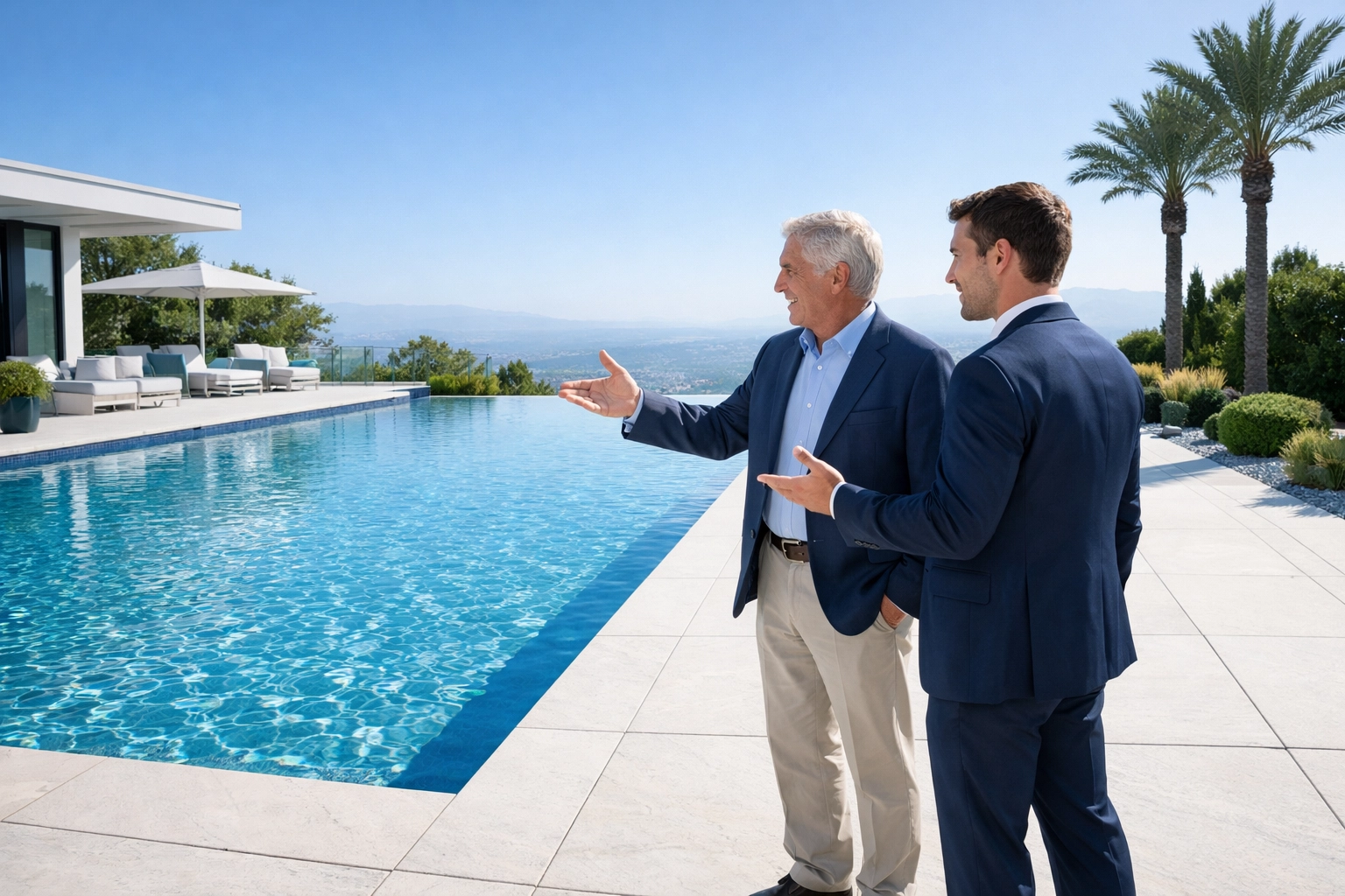 Pool business owner training a new buyer on a pool deck for a successful route transition.