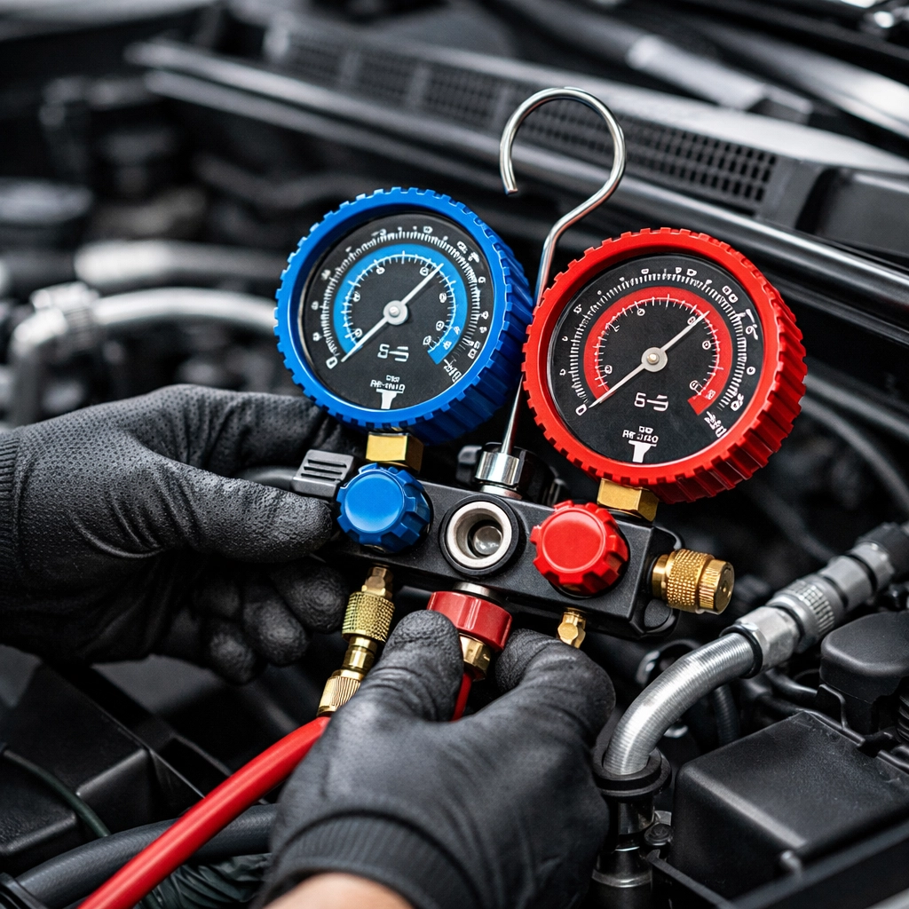 Professional technician checking air conditioning pressure for car AC repair in Aliso Viejo.