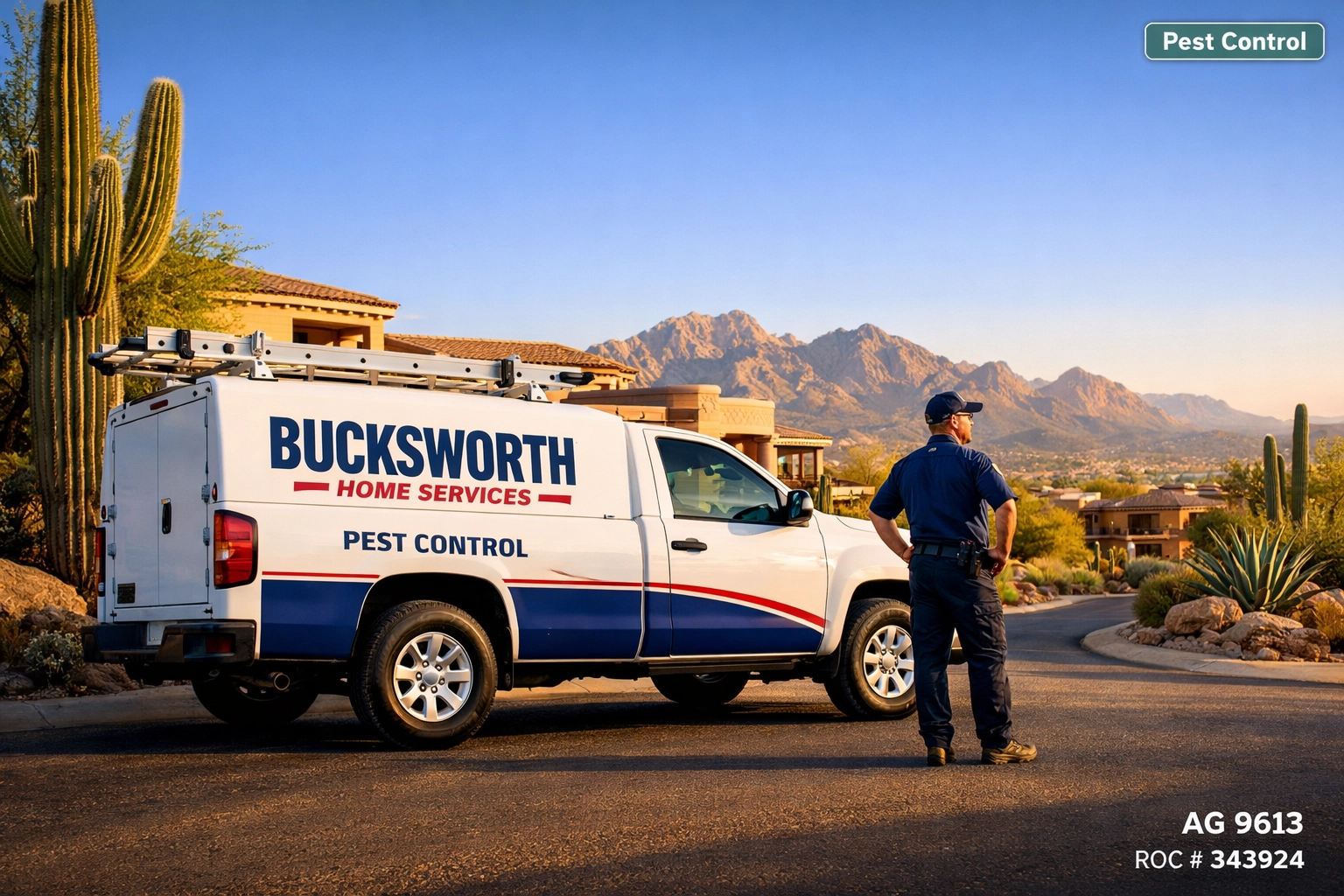 Bucksworth Home Services truck and technician providing professional pest control in a Fountain Hills AZ neighborhood.