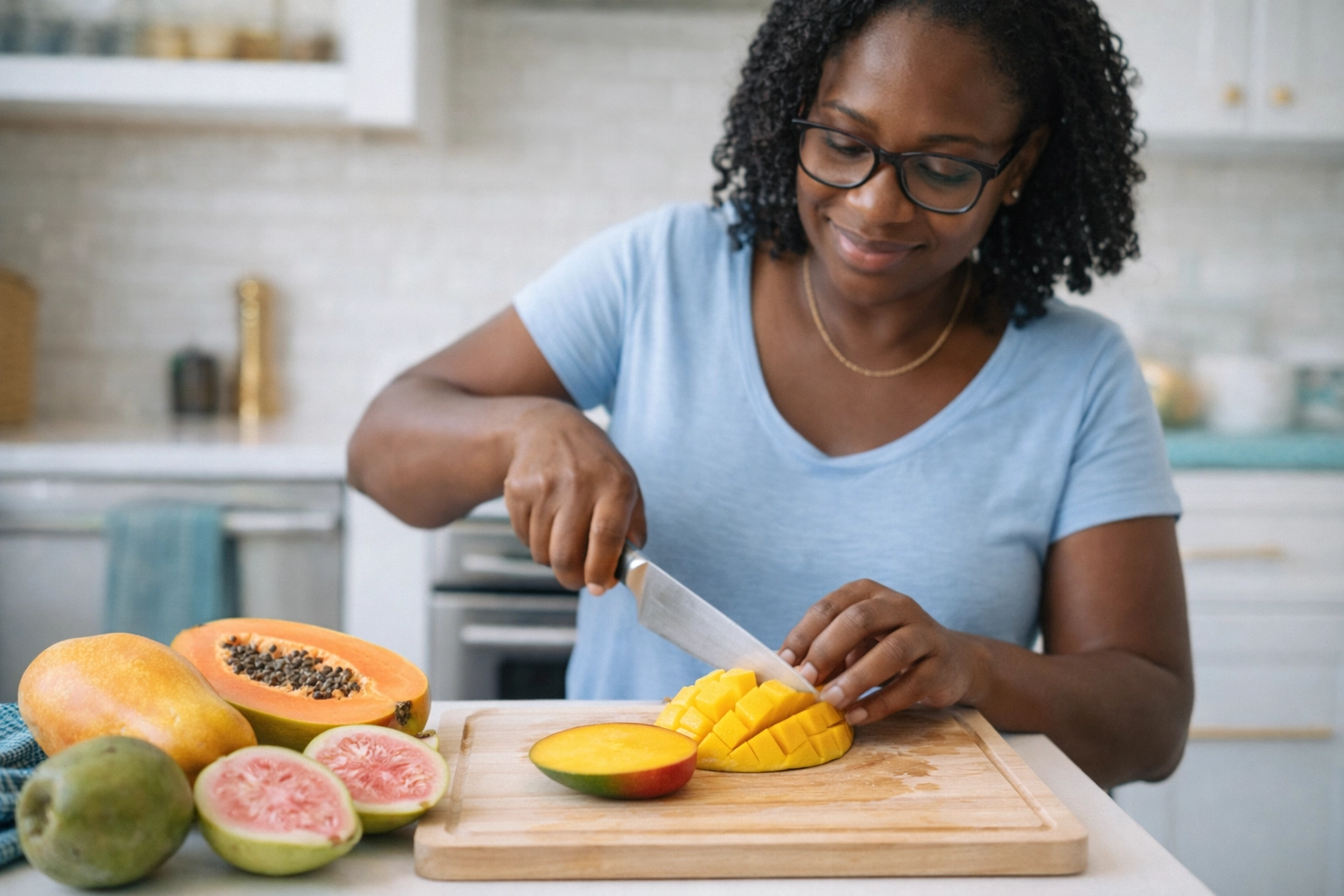 Louise preparing fresh Saint Lucian mango in a kitchen, wearing glasses, for eye health, eye exam Saint Lucia and vision nutrition