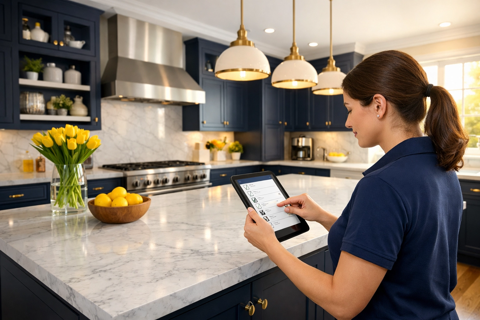 Professional cleaner using a digital checklist for weekly house cleaning in a Westford kitchen.