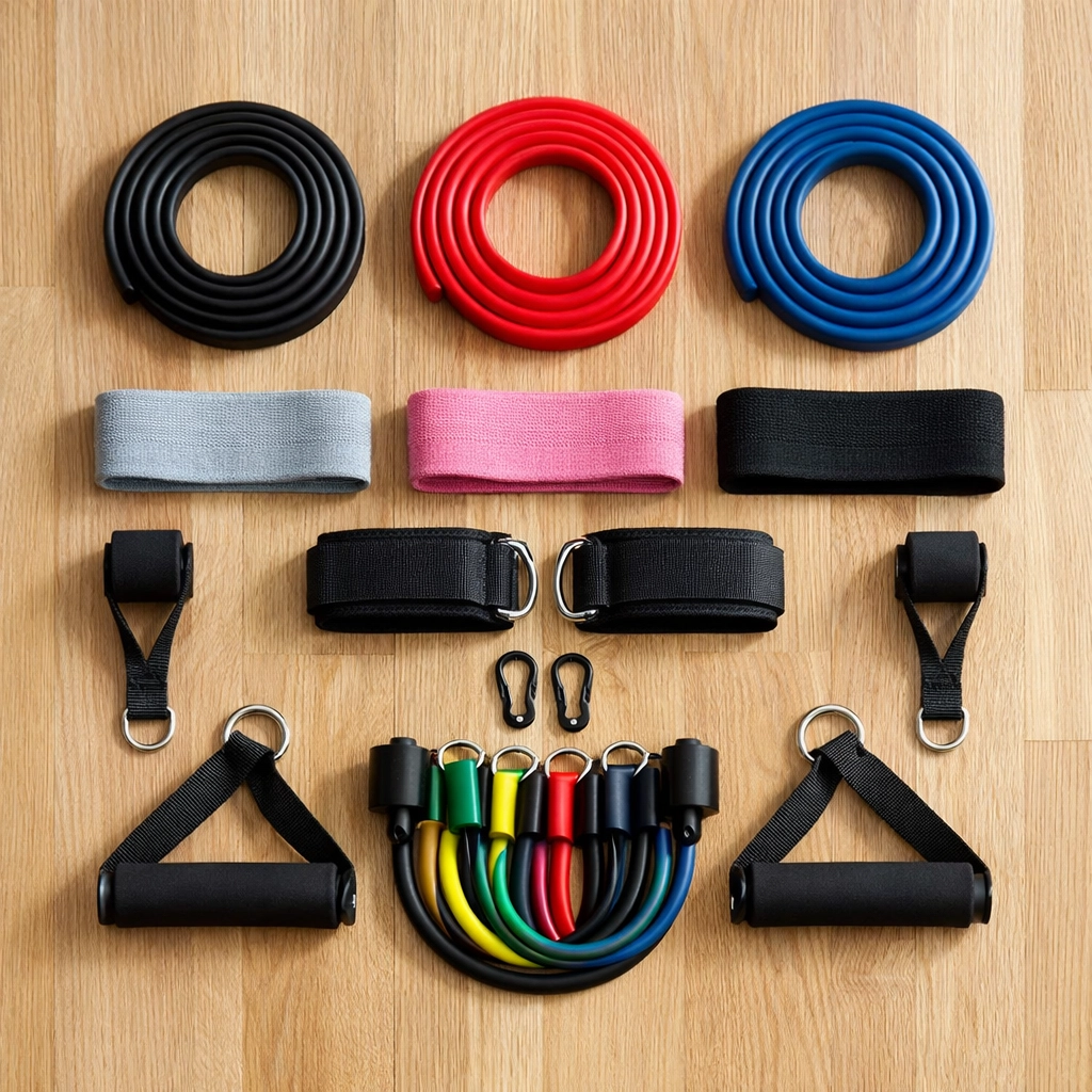 Complete resistance band training set with handles and straps for home workouts