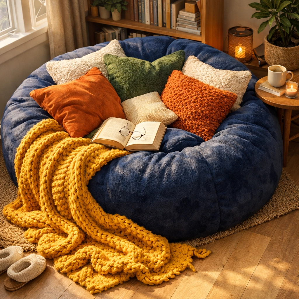 Cozy reading corner with a plush navy bean bag and soft pillows for a comfortable reading experience.