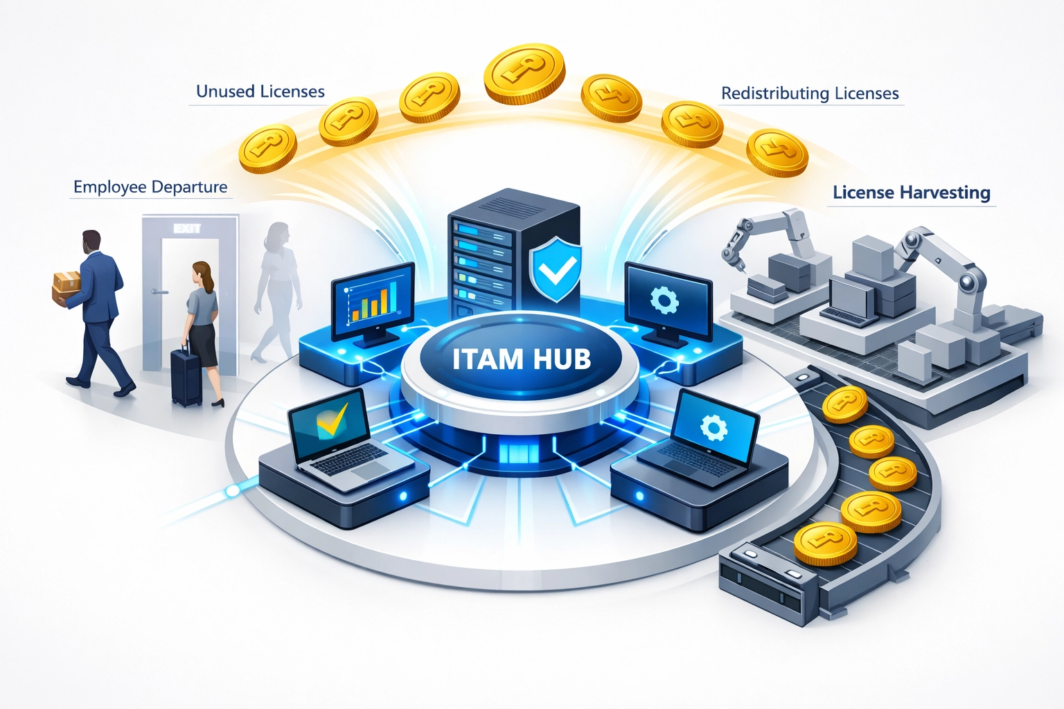 ServiceNow ITAM license management workflow showing automated license reclamation and optimization