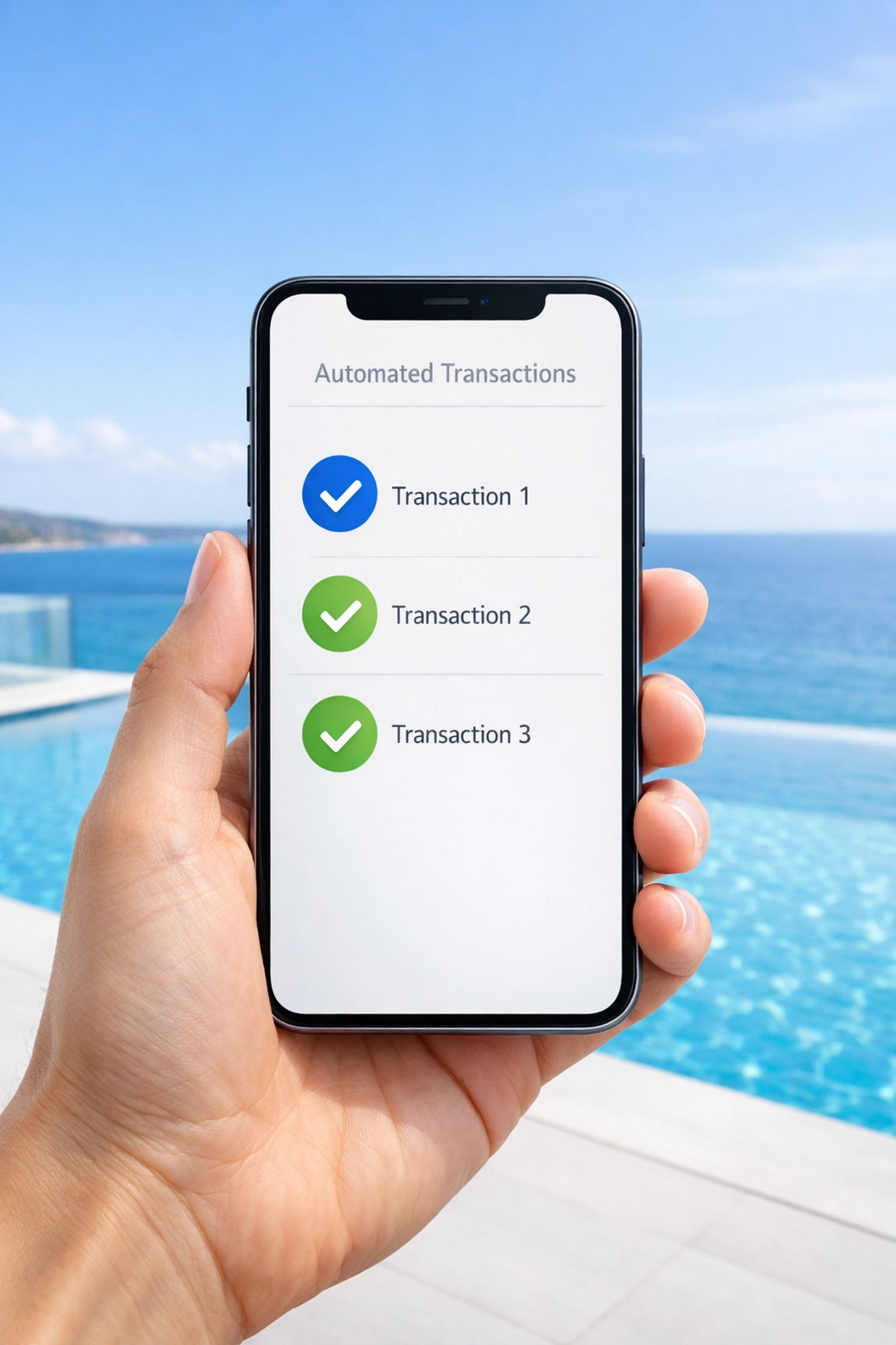 Smartphone displaying automated payment success near an infinity pool, highlighting pool route automation.