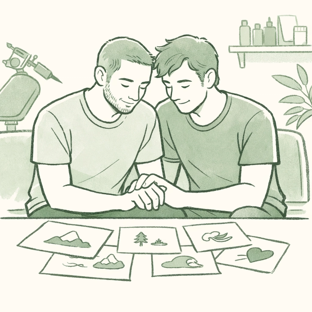 Gay couple choosing matching tattoo designs together in tattoo parlor