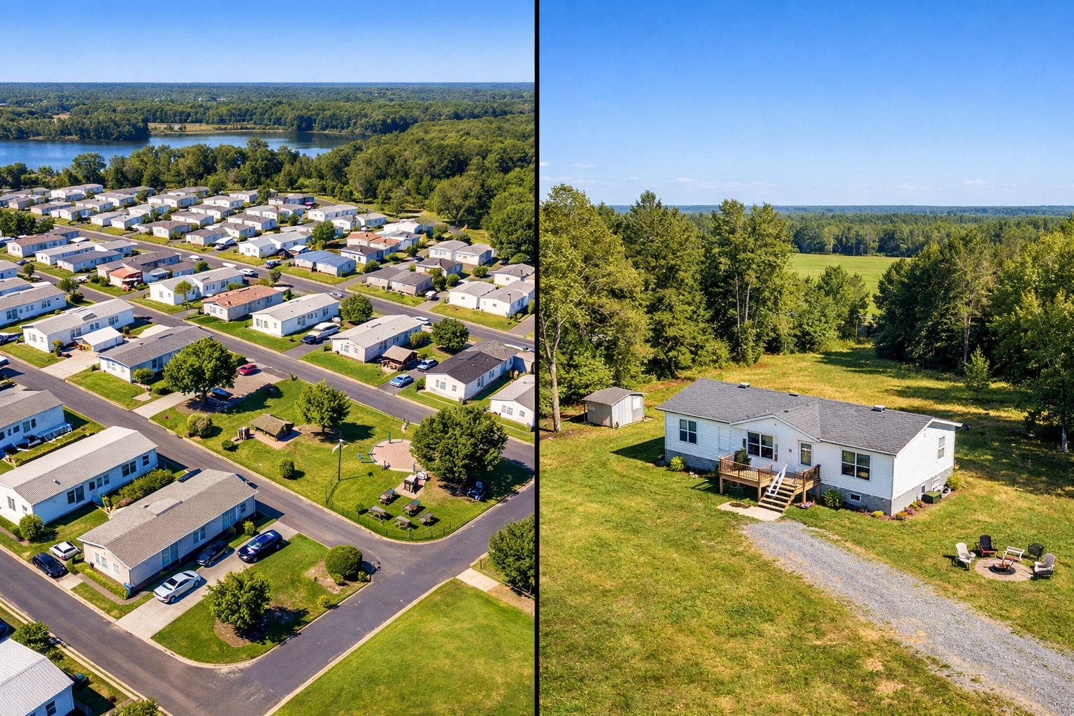 Aerial view comparing manufactured home park community and land-owned manufactured home