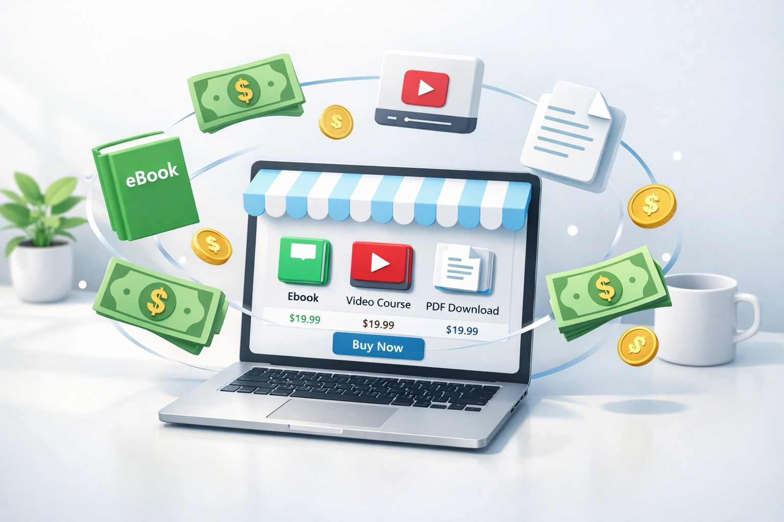 Laptop displaying digital storefront with ebooks and online courses generating passive income