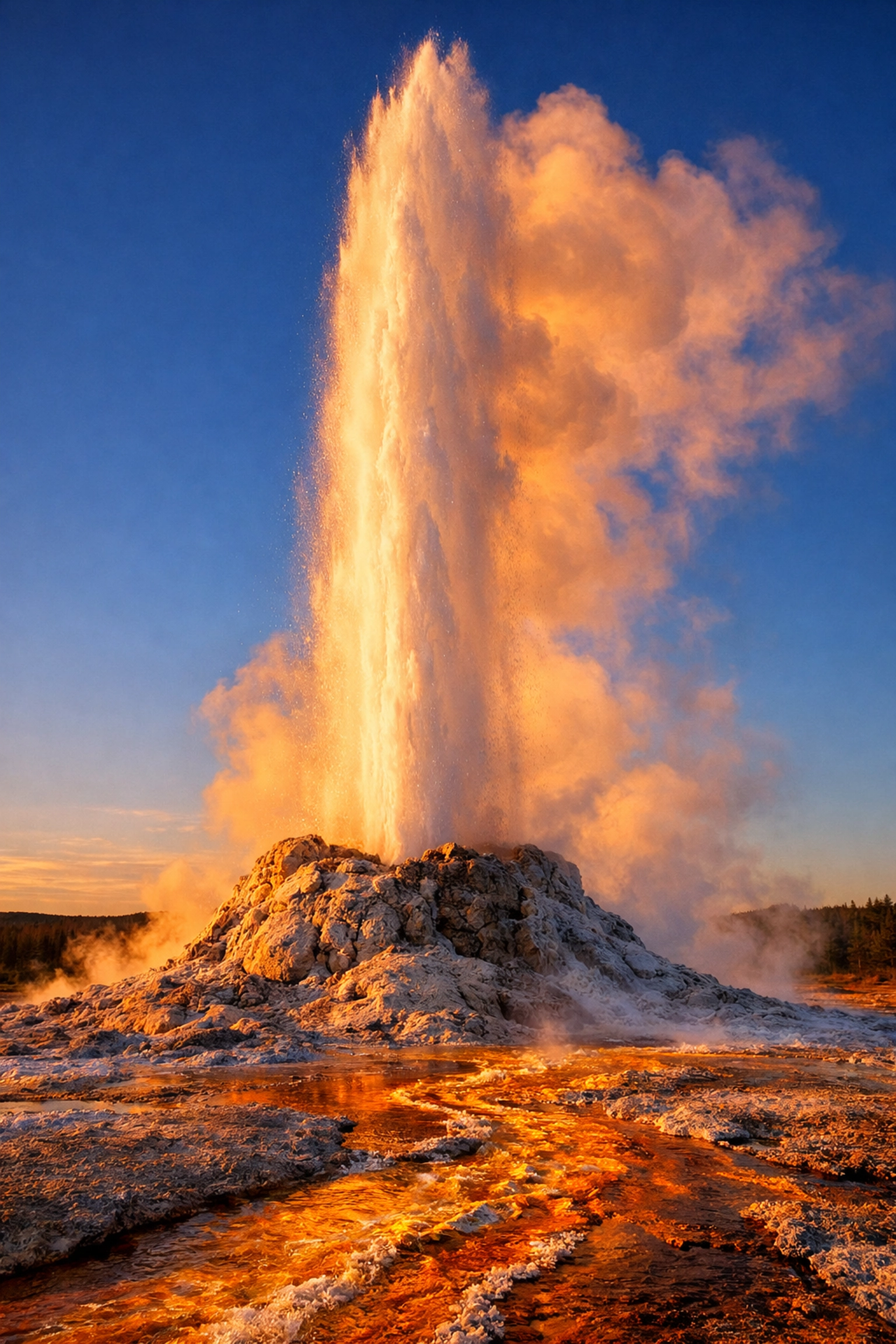 A tall water column erupting from a Yellowstone cone geyser during a scenic sunset.