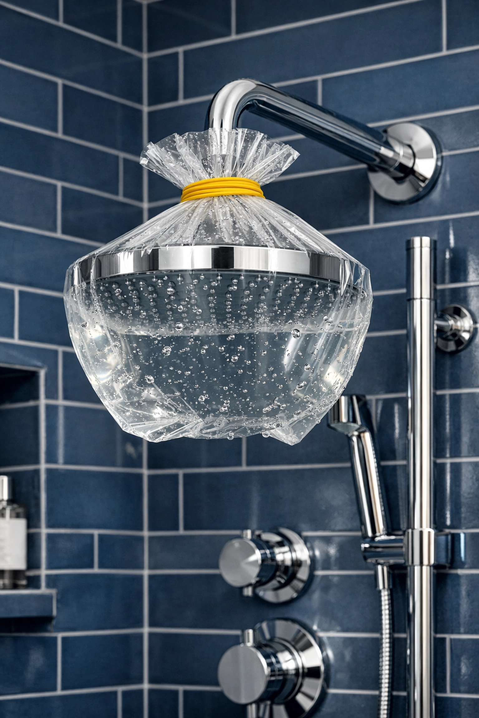 Chrome showerhead soaking in a plastic bag filled with vinegar to dissolve hard water deposits.