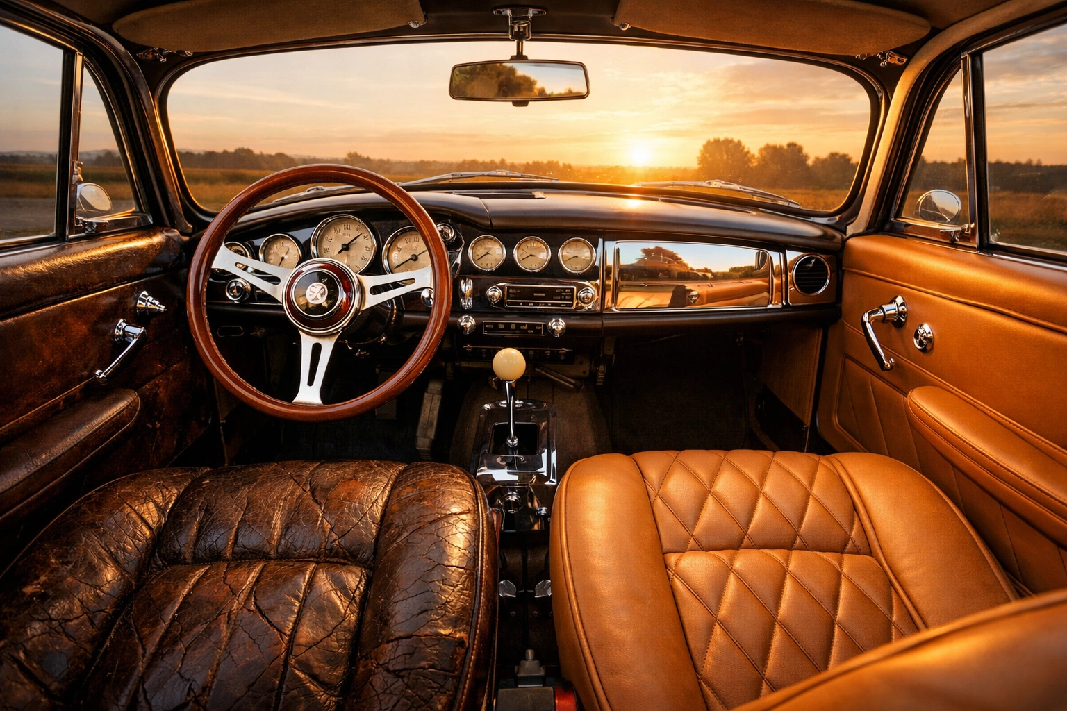 Classic car interior restoration showing the contrast between old cracked leather and new tan upholstery.
