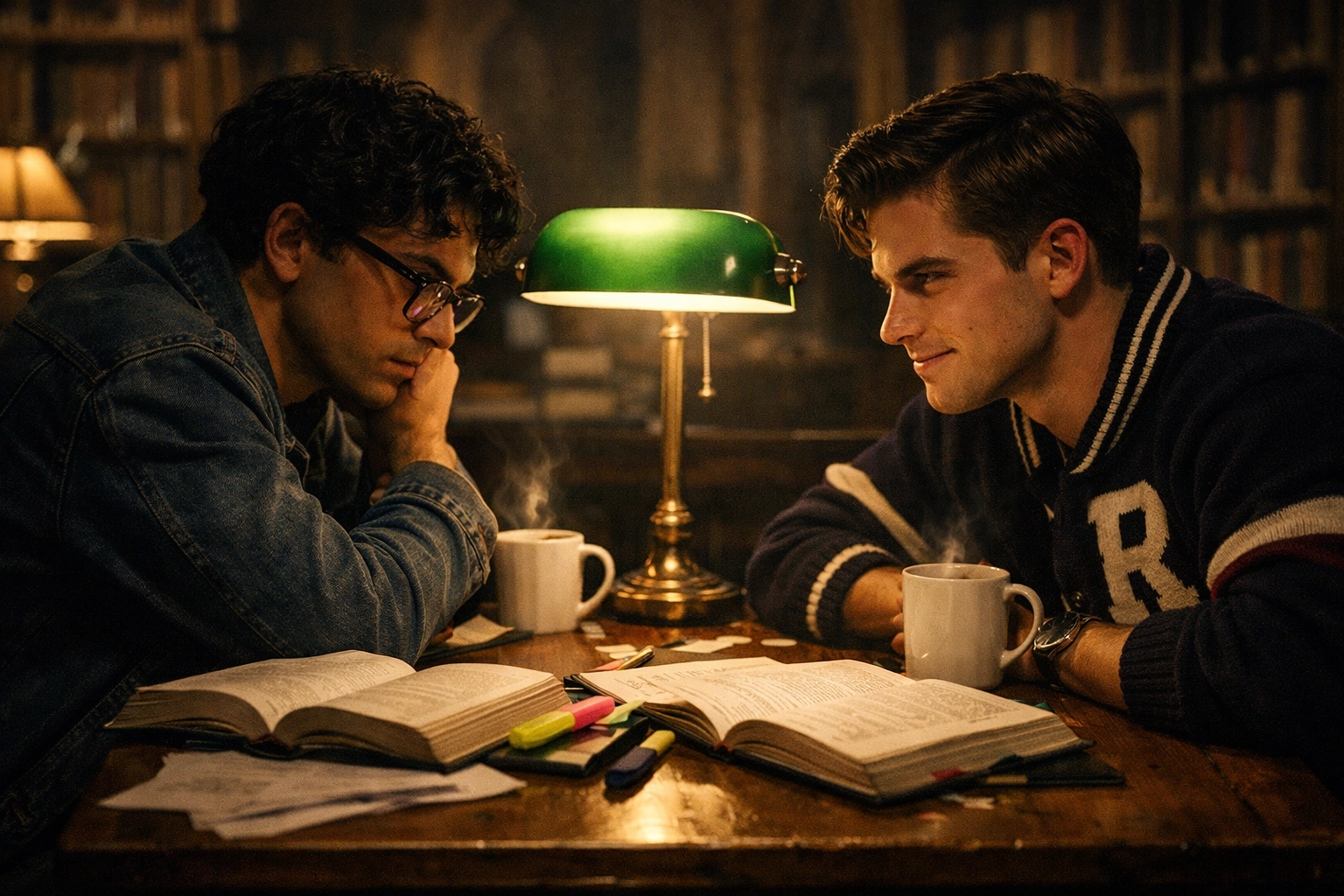 Two male academic rivals staring intensely in a library, a hallmark of the enemies to lovers MM romance trope.