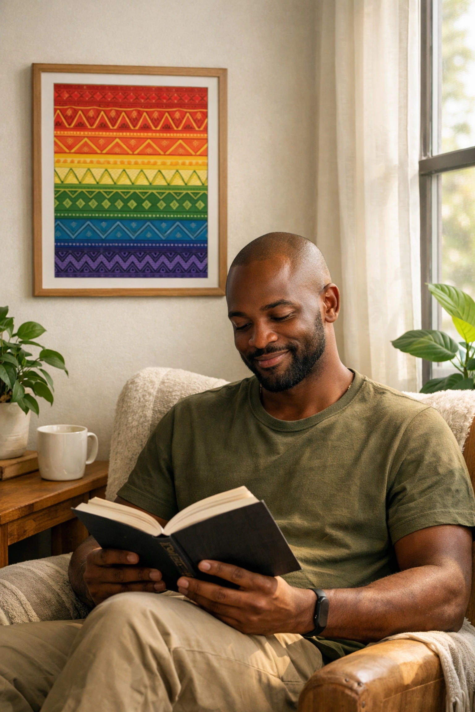 Black man reading queer fiction in a sunlit room with rainbow art, showing the impact of MM romance books.