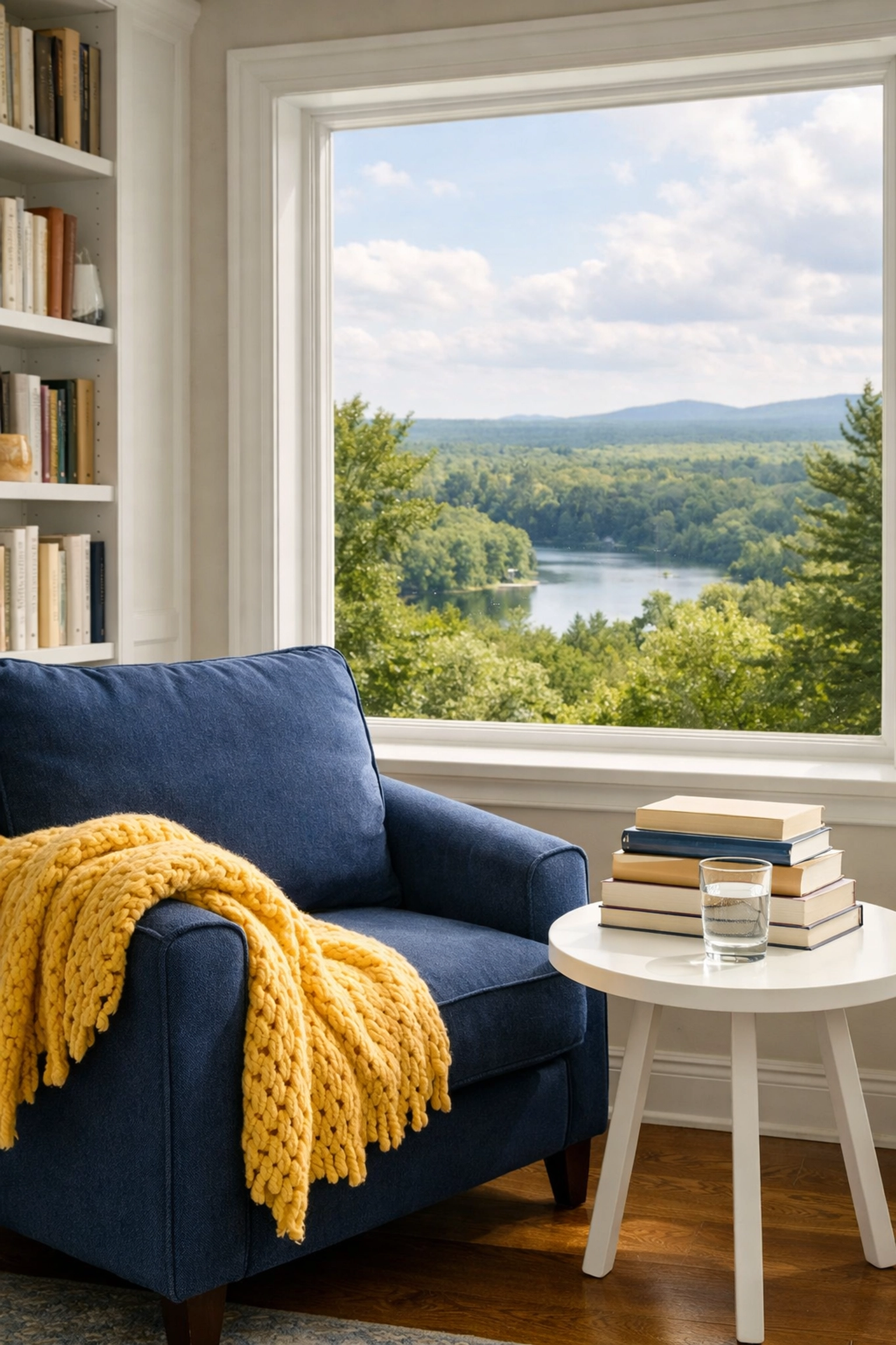 A clean, organized reading nook in a Boxborough home showing the stress-free results of professional house cleaning.