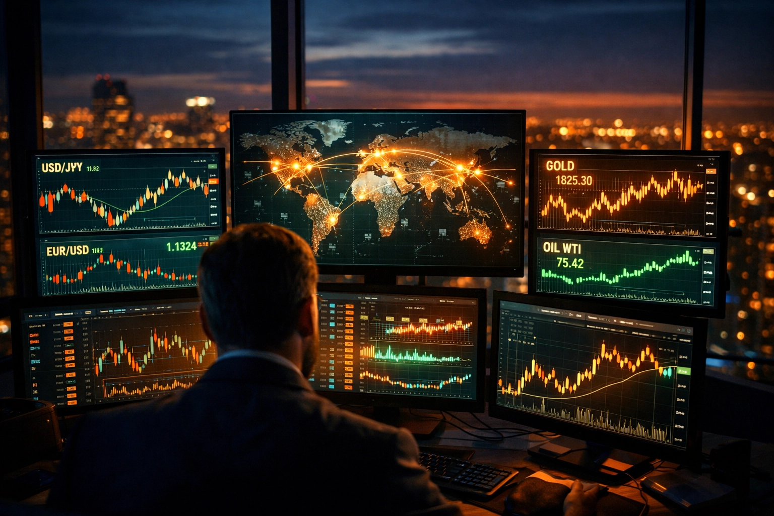 Global macro hedge fund trading desk with currency and commodity market charts