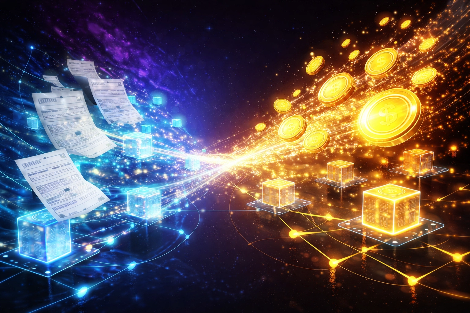 Blockchain network illustrating the transformation of invoices into receivables tokens, highlighting liquidity and efficiency.