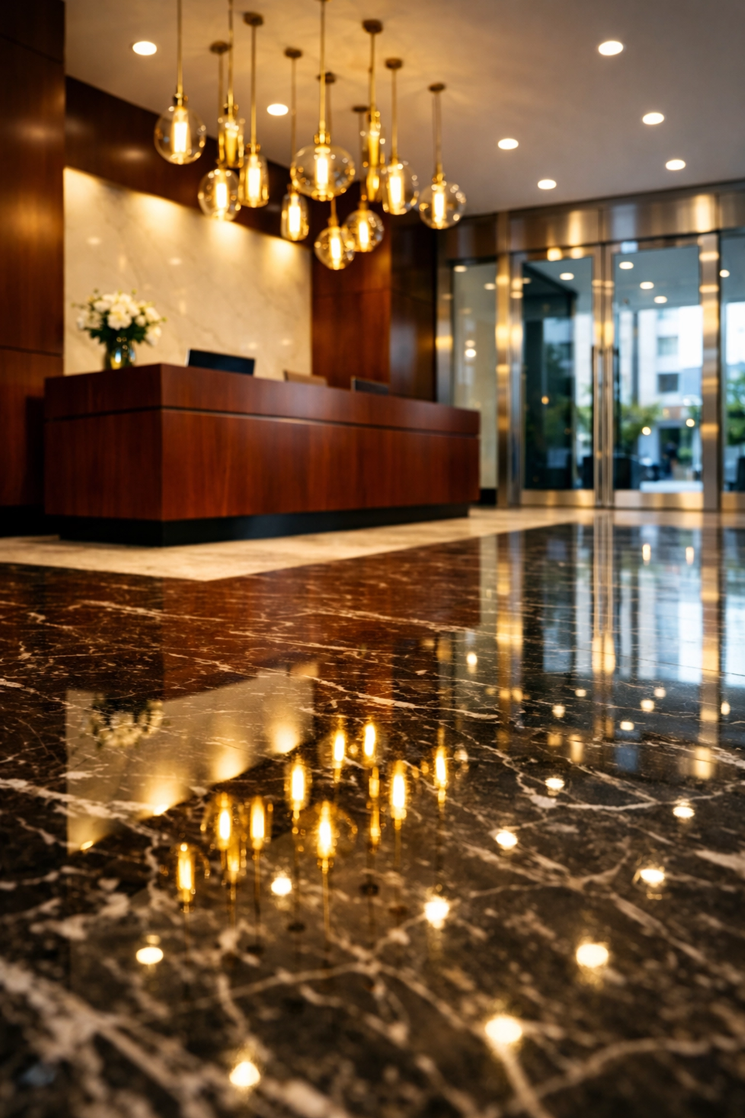 Polished marble flooring in a professional Westchester office lobby reflecting clean glass entryways.