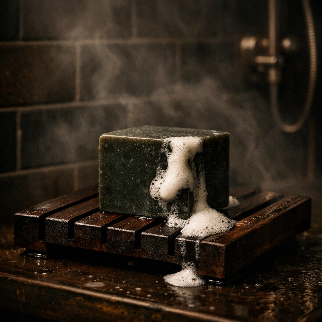 Durable solid beard wash bar resting on a wooden soap deck in a moody, upscale bathroom shower.