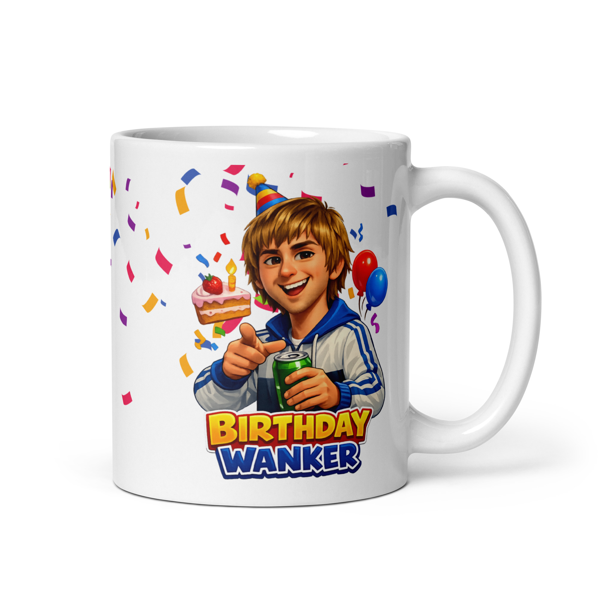 White ceramic mug with 'Birthday Wanker' design