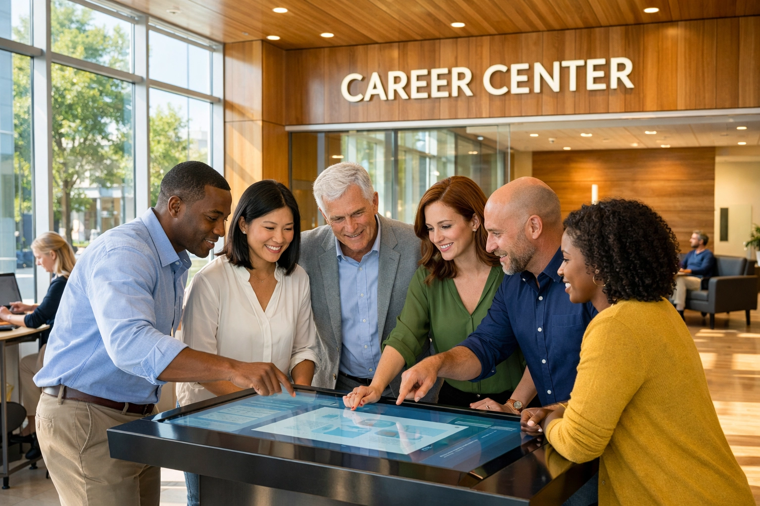 Diverse professionals collaborating at a high-tech career center and workforce training hub.