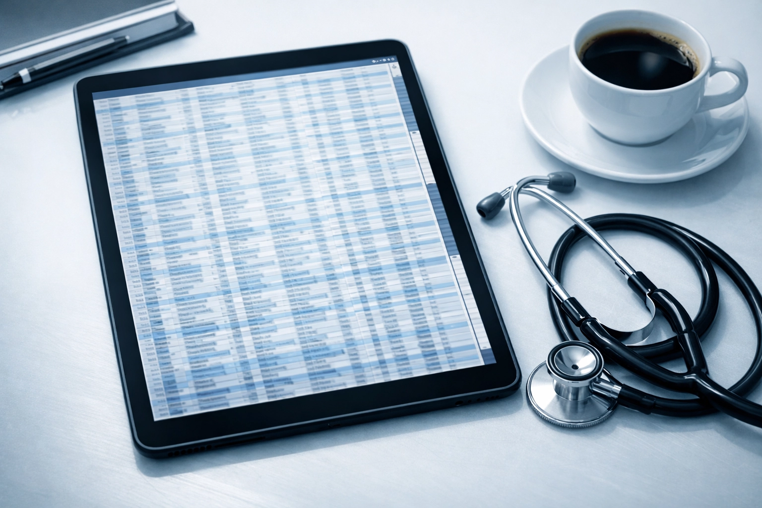 Medical doctor's desk with tablet showing complex data spreadsheets and clinical stethoscope.