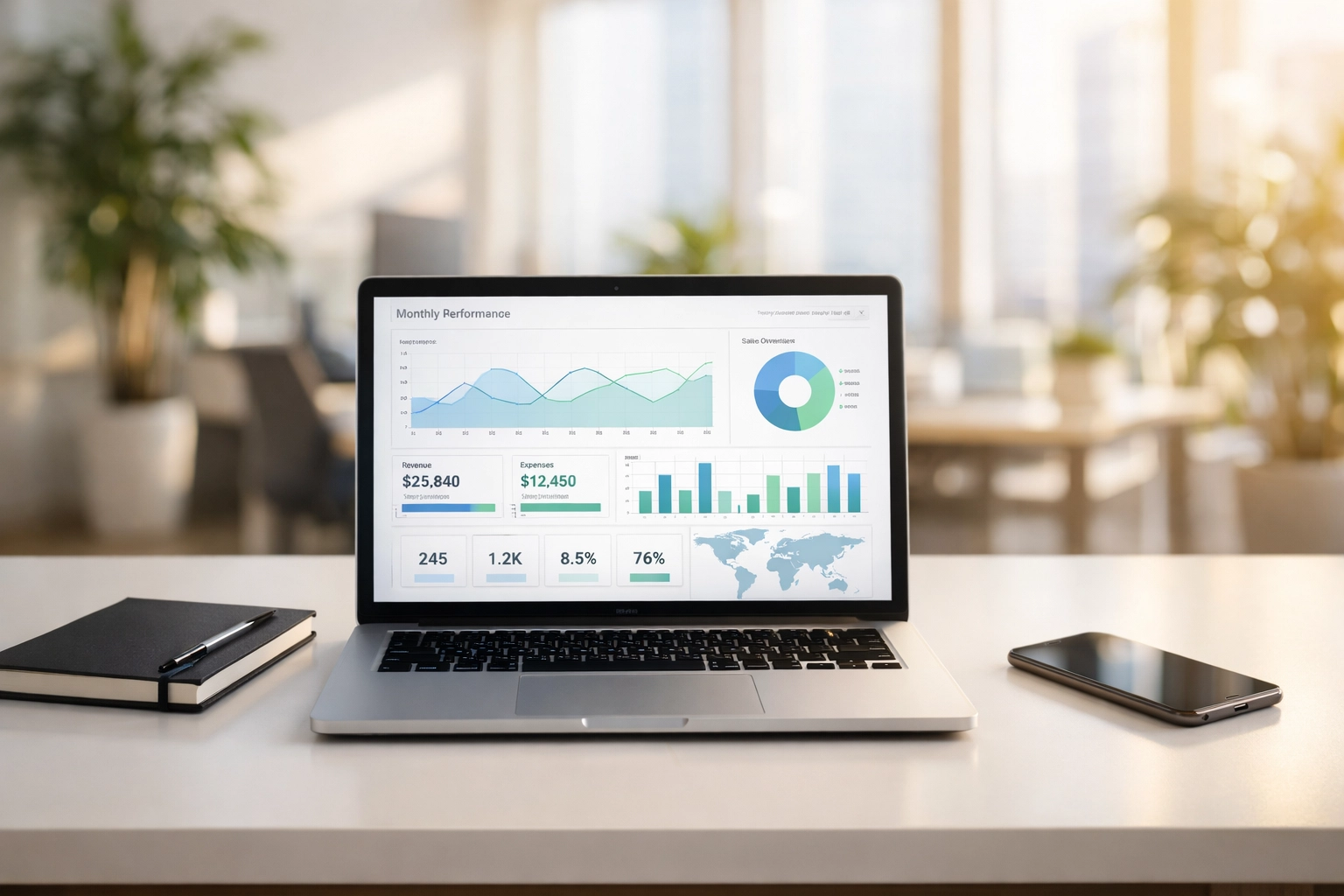 Laptop displaying an AI business automation dashboard in a modern office, showing operational efficiency.