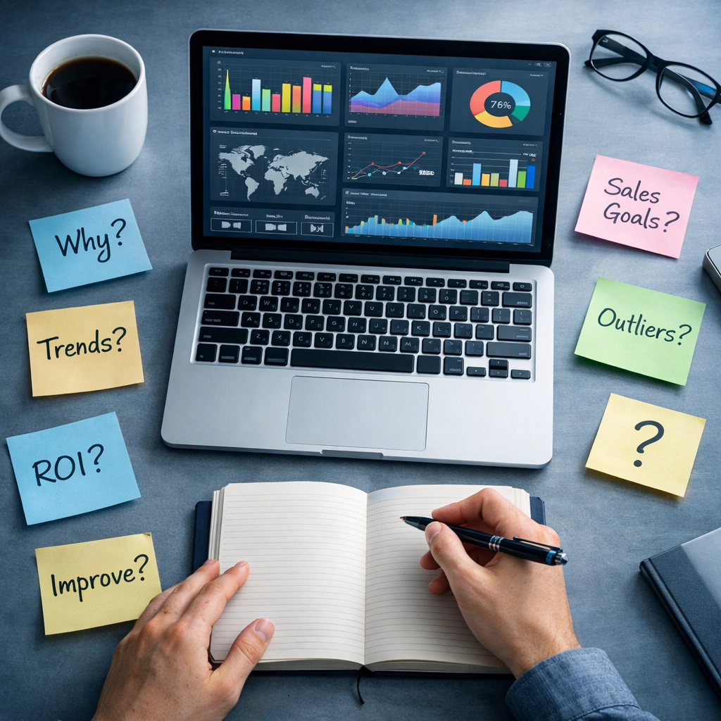 Business analyst reviewing data dashboards with handwritten notes about data context and interpretation